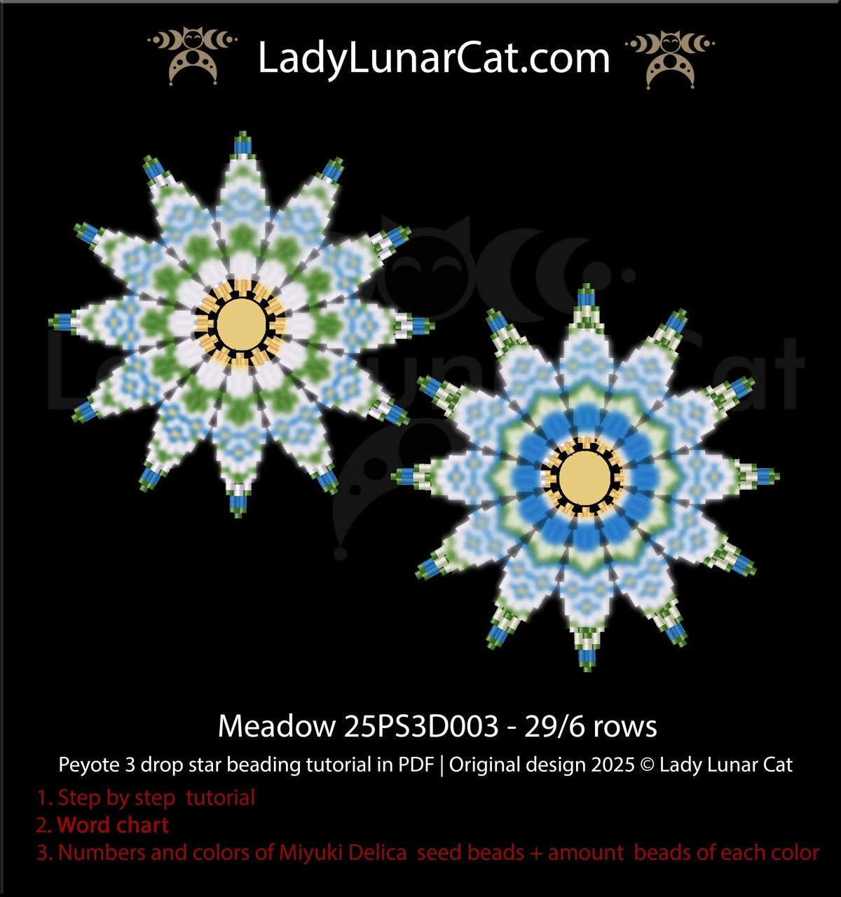 Meadow beaded star detail - peyote 3 drop stitch Miyuki Delica 2 colorways LadyLunarCat