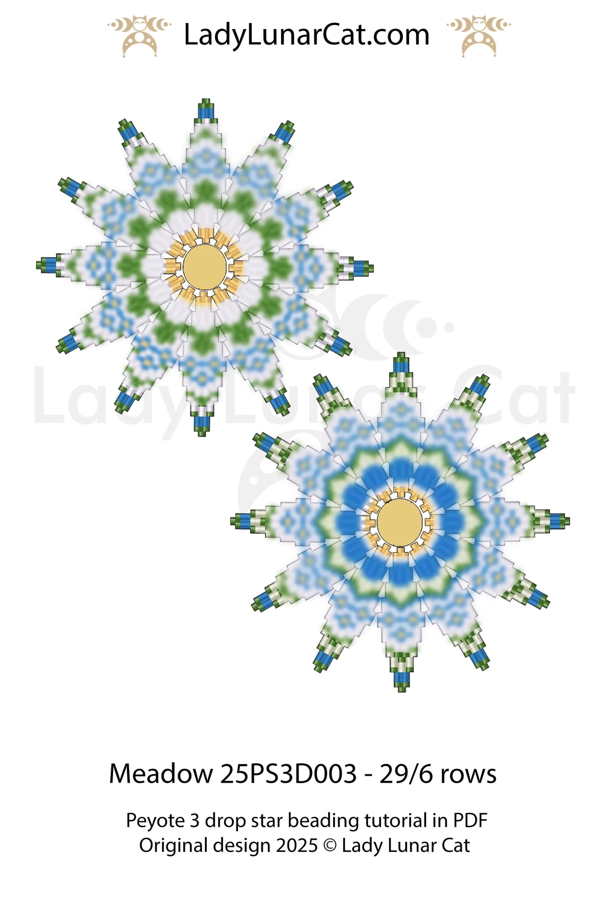 Meadow peyote star pattern PDF preview - step by step tutorial daisy reversible design LadyLunarCat