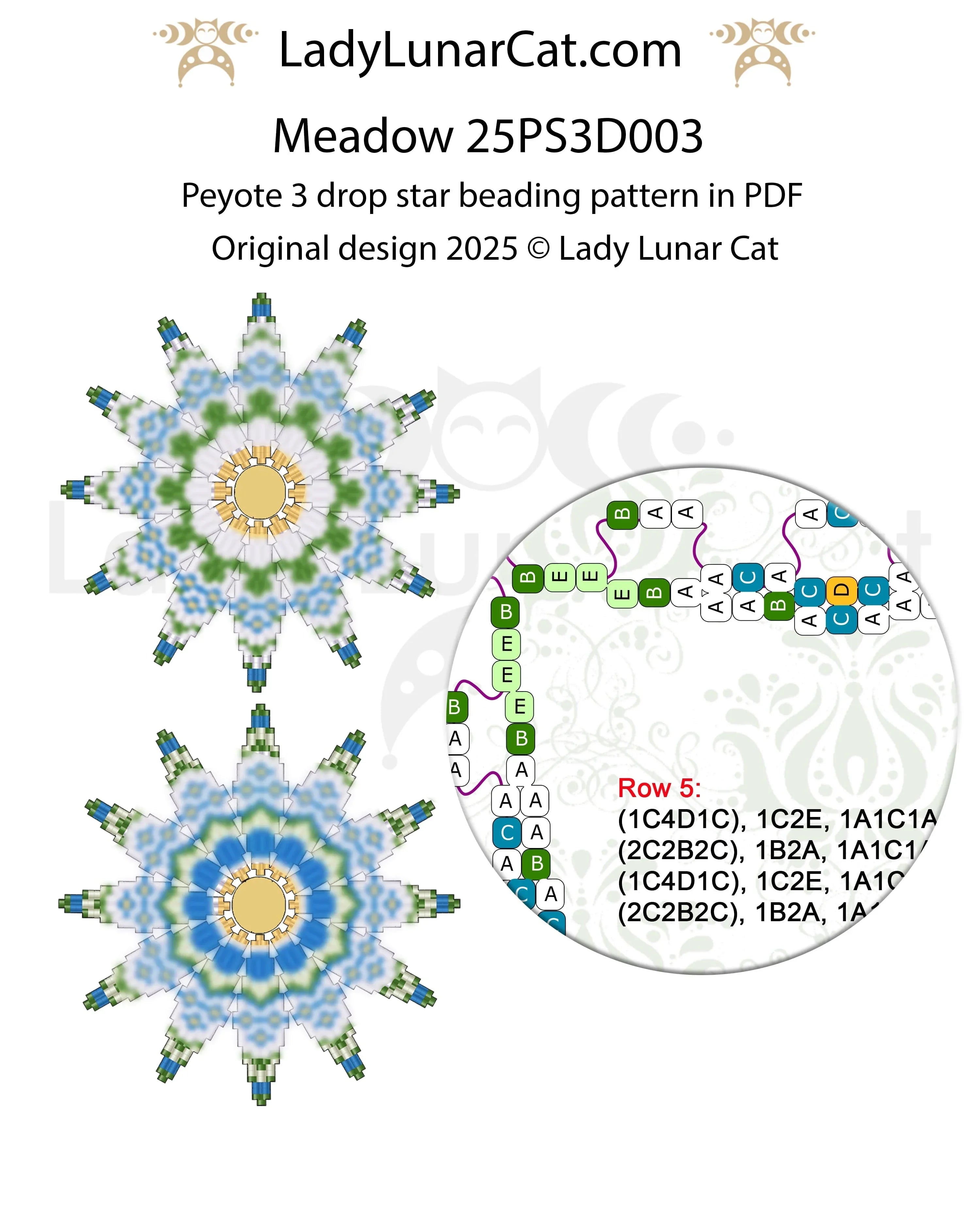 Meadow peyote 3 drop star both sides - reversible daisy blue flower design LadyLunarCat