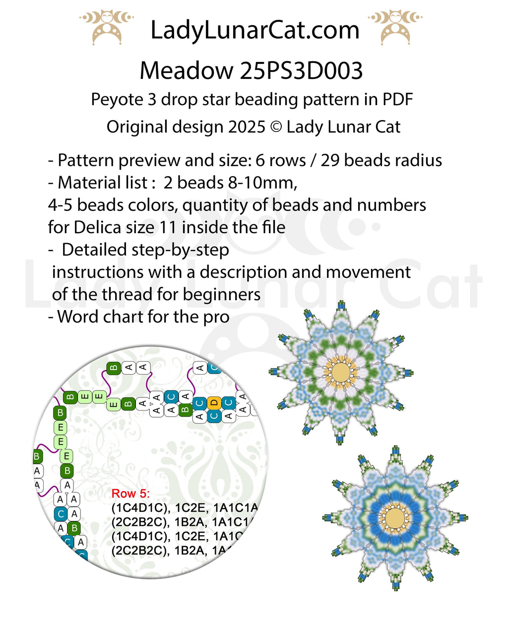 Chamomile peyote 3 drop star pattern for beading - Beginner-Friendly tutorial LadyLunarCat