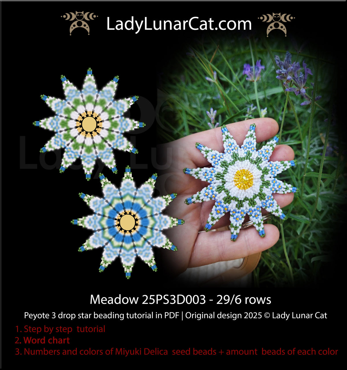Meadow Reversible Daisy Peyote 3 Drop Star Pattern | Beginner PDF LadyLunarCat