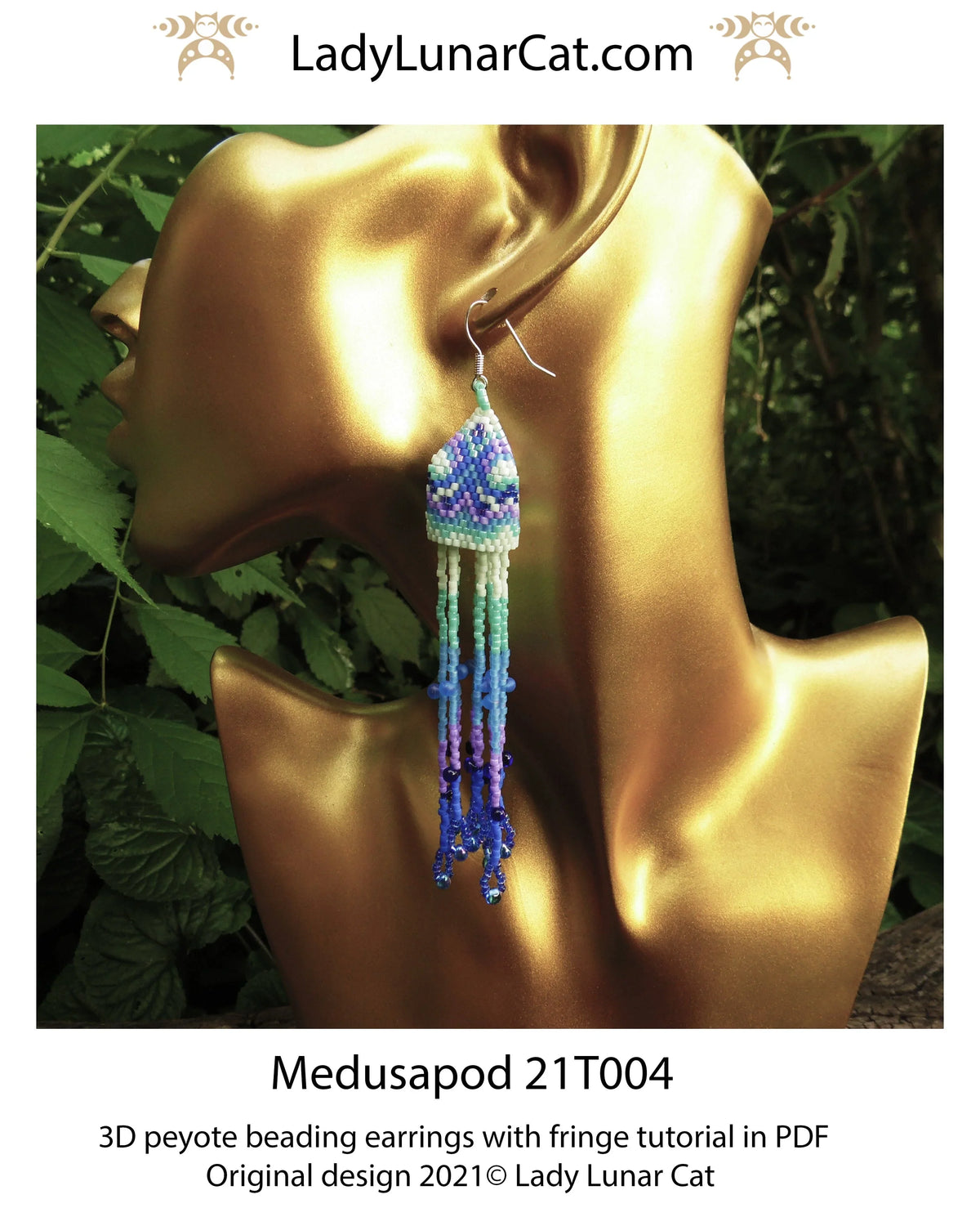 Medusa peyote 3D pod earrings - 20 beads 3 petals 6 colors 11 cm fringe PDF LadyLunarCat