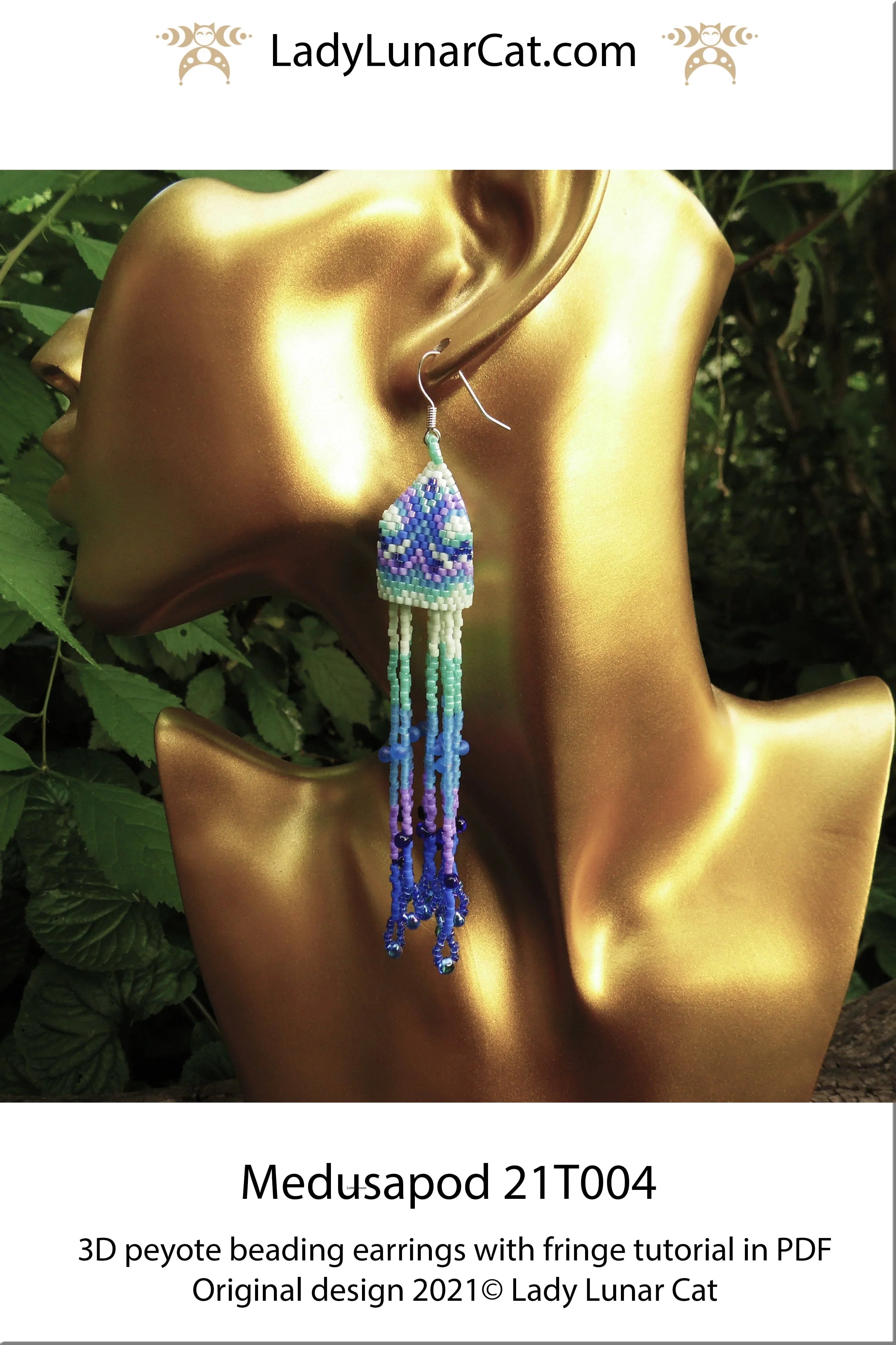 Medusa pod earrings worn - long jellyfish fringe jewelry finished example LadyLunarCat