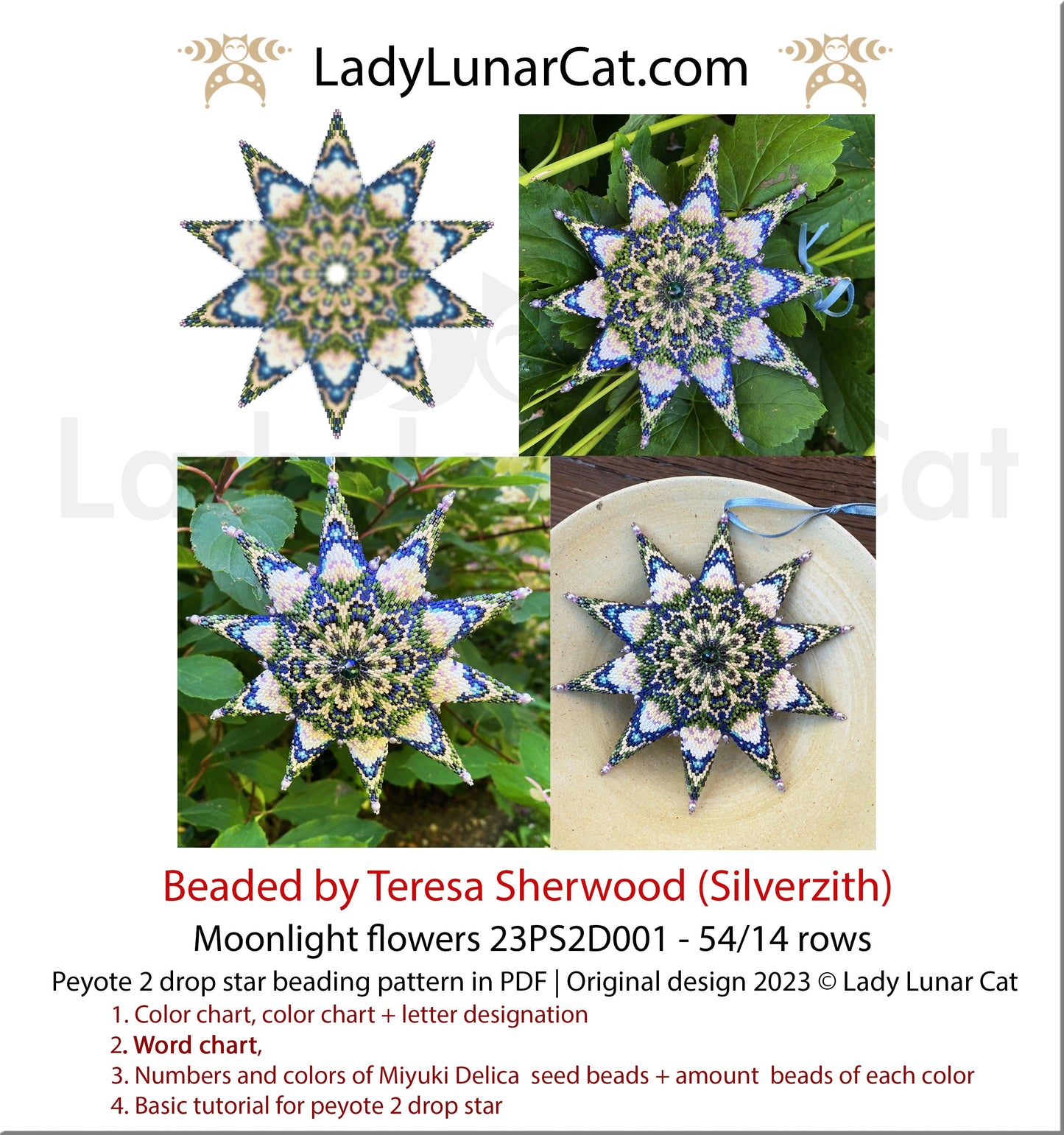 Peyote 2 drop star pattern for beading - Moonlight flowers 23PS2D001 14 rows + Basic star 2 drop LadyLunarCat