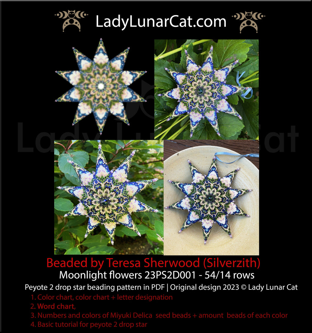 Peyote 2 drop star pattern for beading - Moonlight flowers 23PS2D001 14 rows + Basic star 2 drop LadyLunarCat