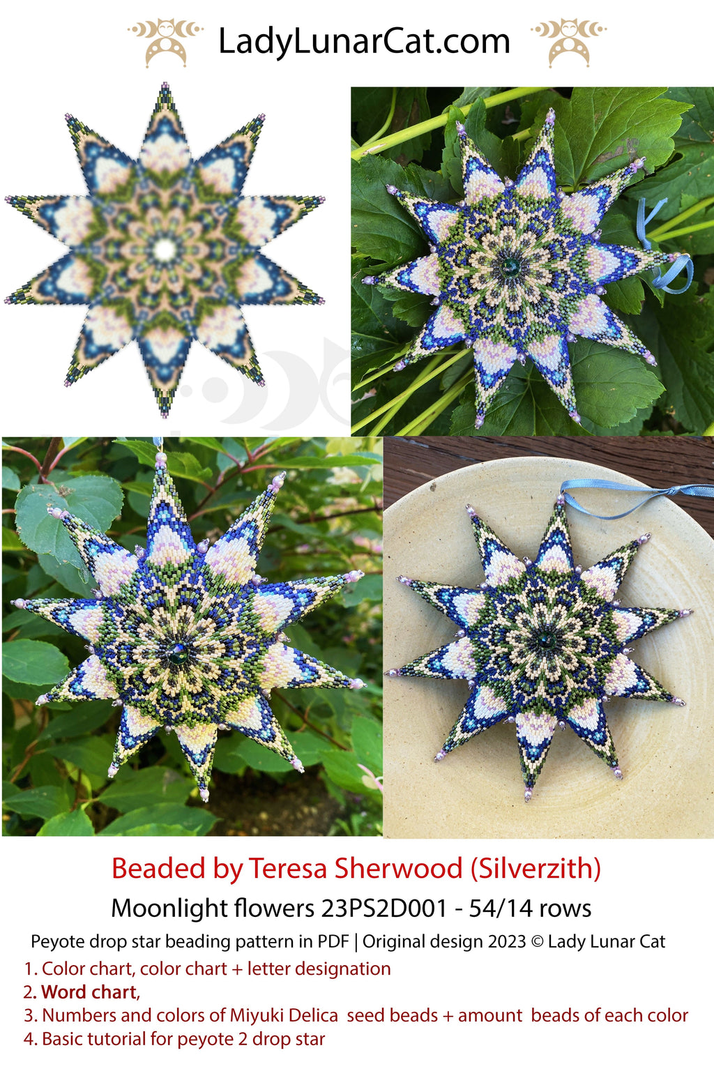 Peyote 2 drop star pattern for beading - Moonlight flowers 23PS2D001 14 rows + Basic star 2 drop LadyLunarCat