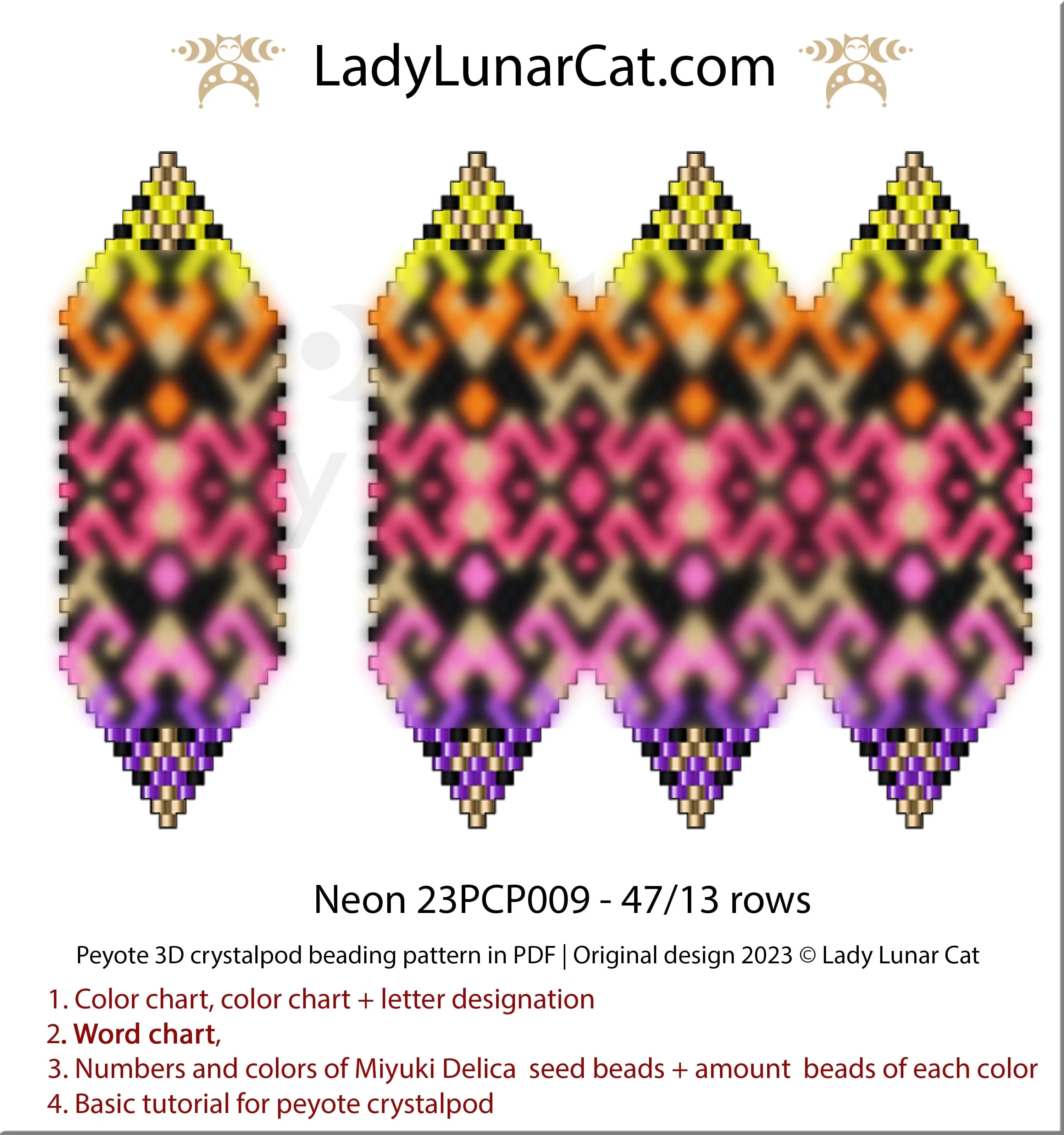Neon 3-drop crystalpod pattern PDF by Lady Lunar Cat — 4 petal options 23PCP009