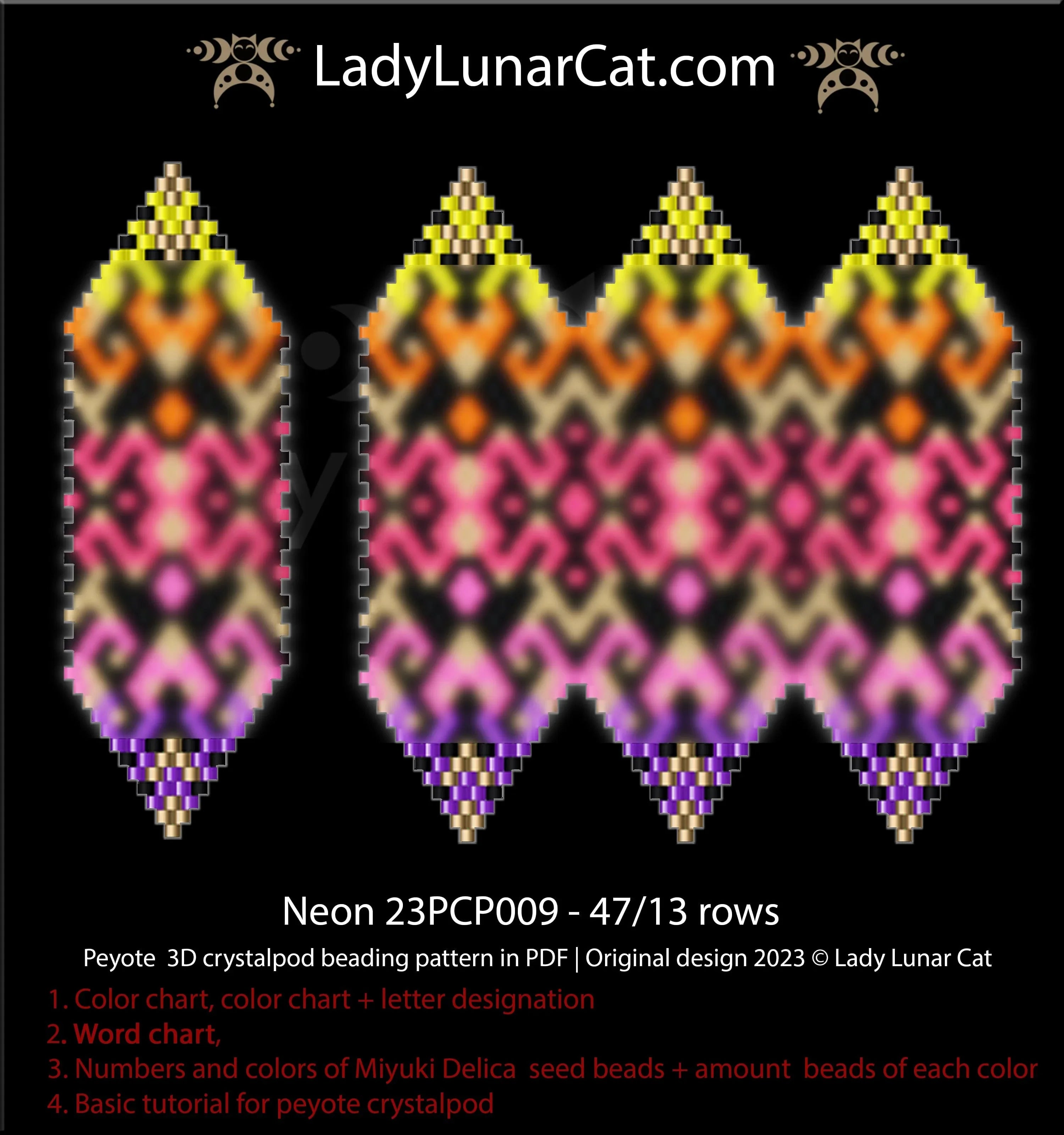 Neon peyote 3-drop crystalpod — 7 colors, 2-3-4-6 petals, Miyuki Delica 11/0