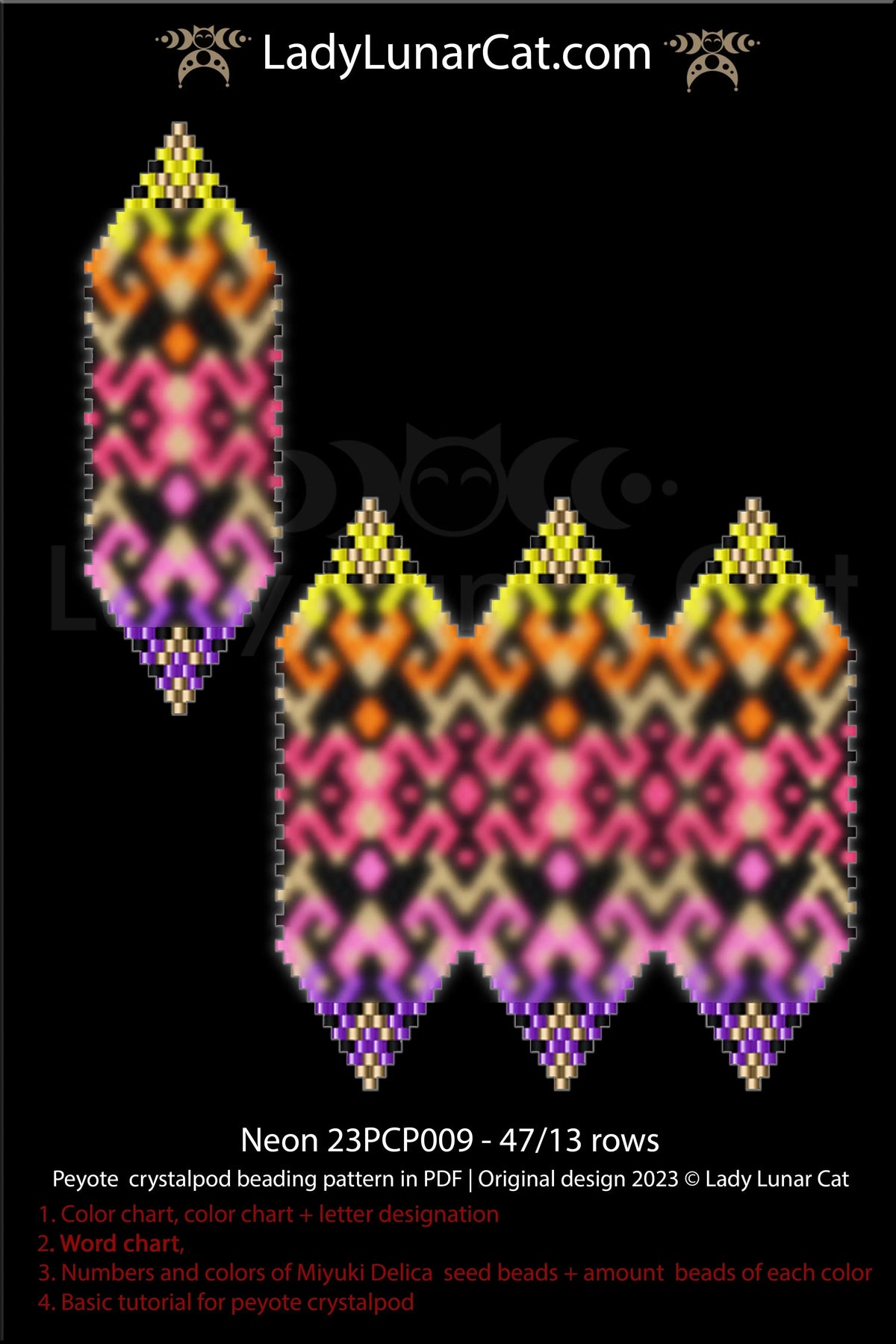 Peyote 3-drop crystalpod neon — 47-bead pod, 13 rows, 4 petal options, instant download