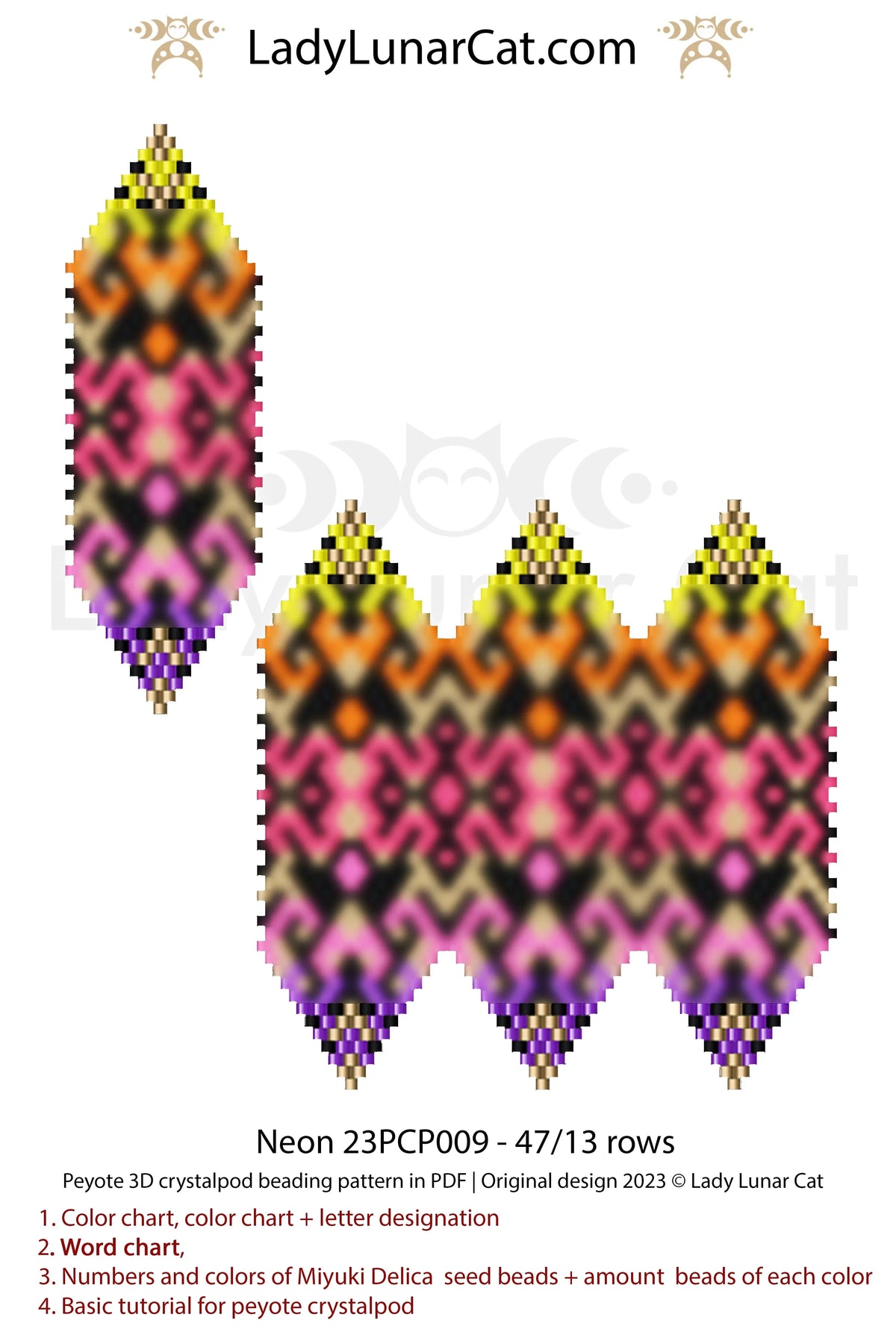 Beaded neon 3-drop crystalpod pendant — peyote brick stitch tutorial PDF for all levels