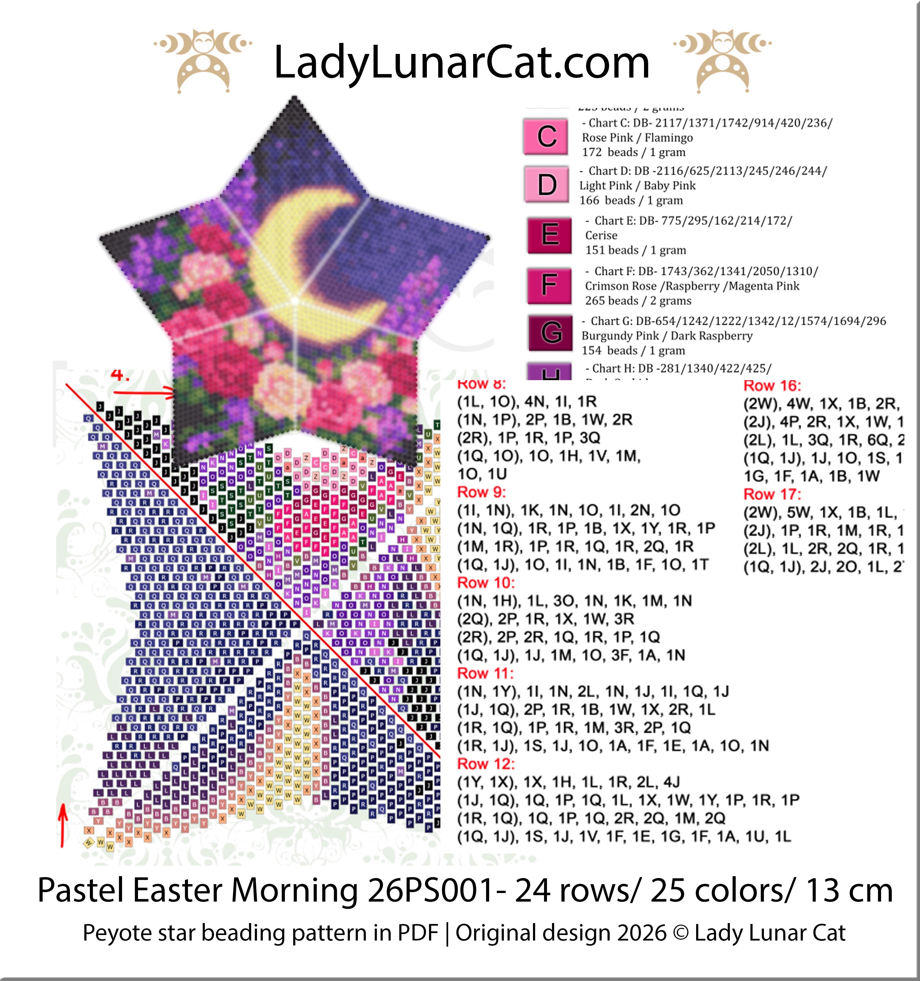 Peyote Star Pattern Preview — Word Chart, Bead Color Legend with DB Numbers, Graphic Chart, 26PS002 Velvet Nightfall