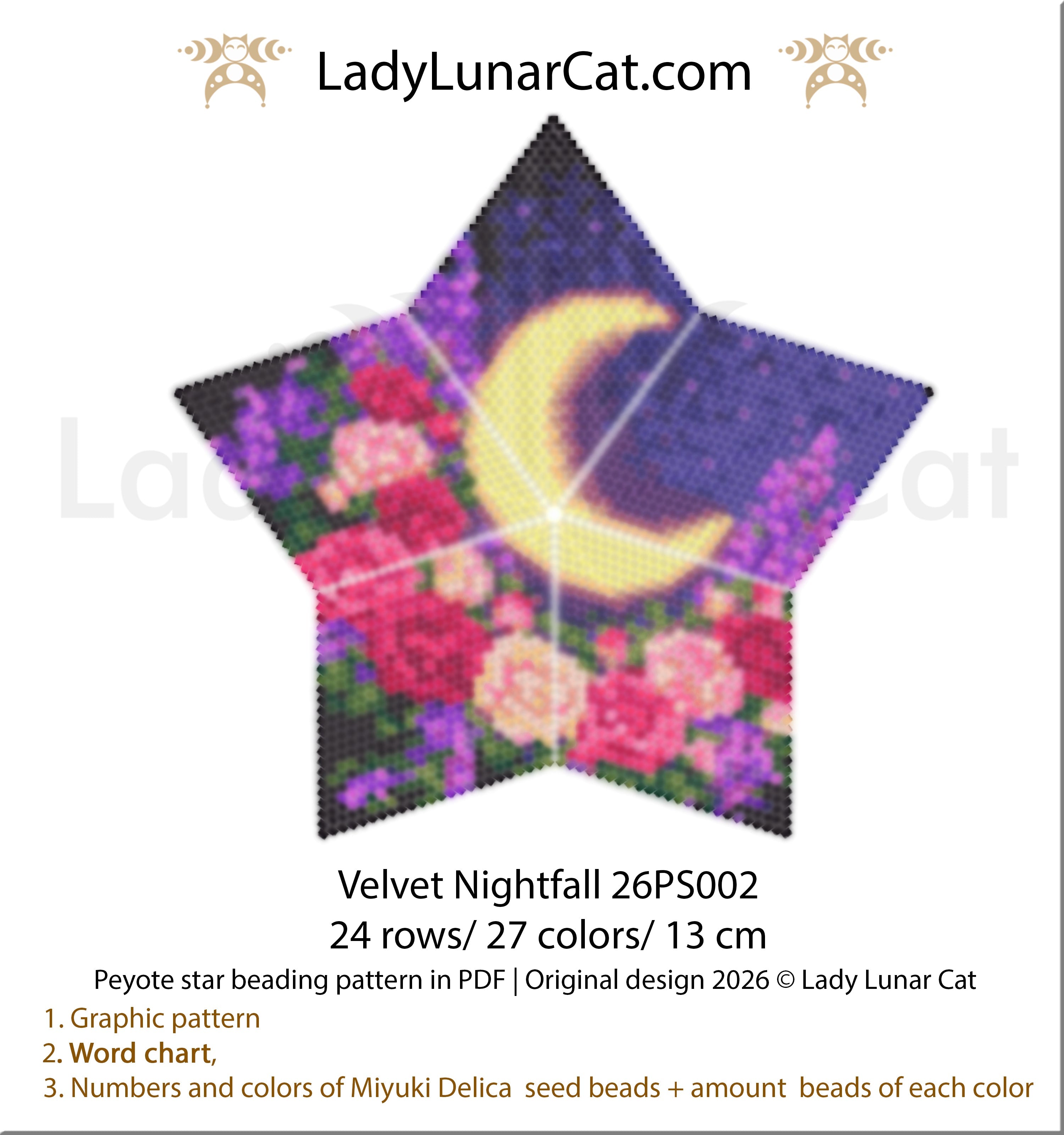Velvet Nightfall 26PS002 Peyote Star Beading Pattern, Crescent Moon Floral Design, 24 rows 27 colors, Lady Lunar Cat