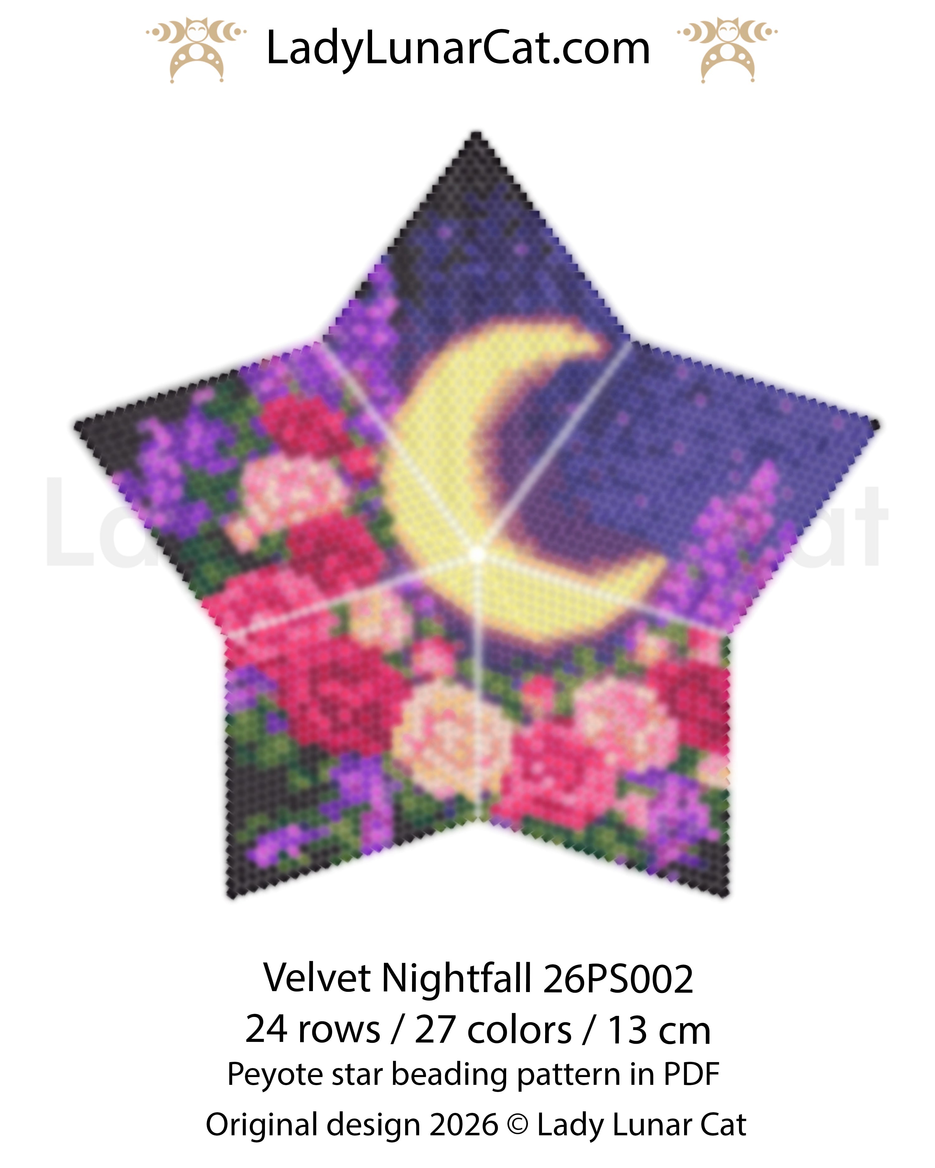 Velvet Nightfall 26PS002 Peyote Star Beading Pattern PDF, Moon with Roses and Lavender, 24 rows 27 Miyuki Delica colors 13 cm, Lady Lunar Cat