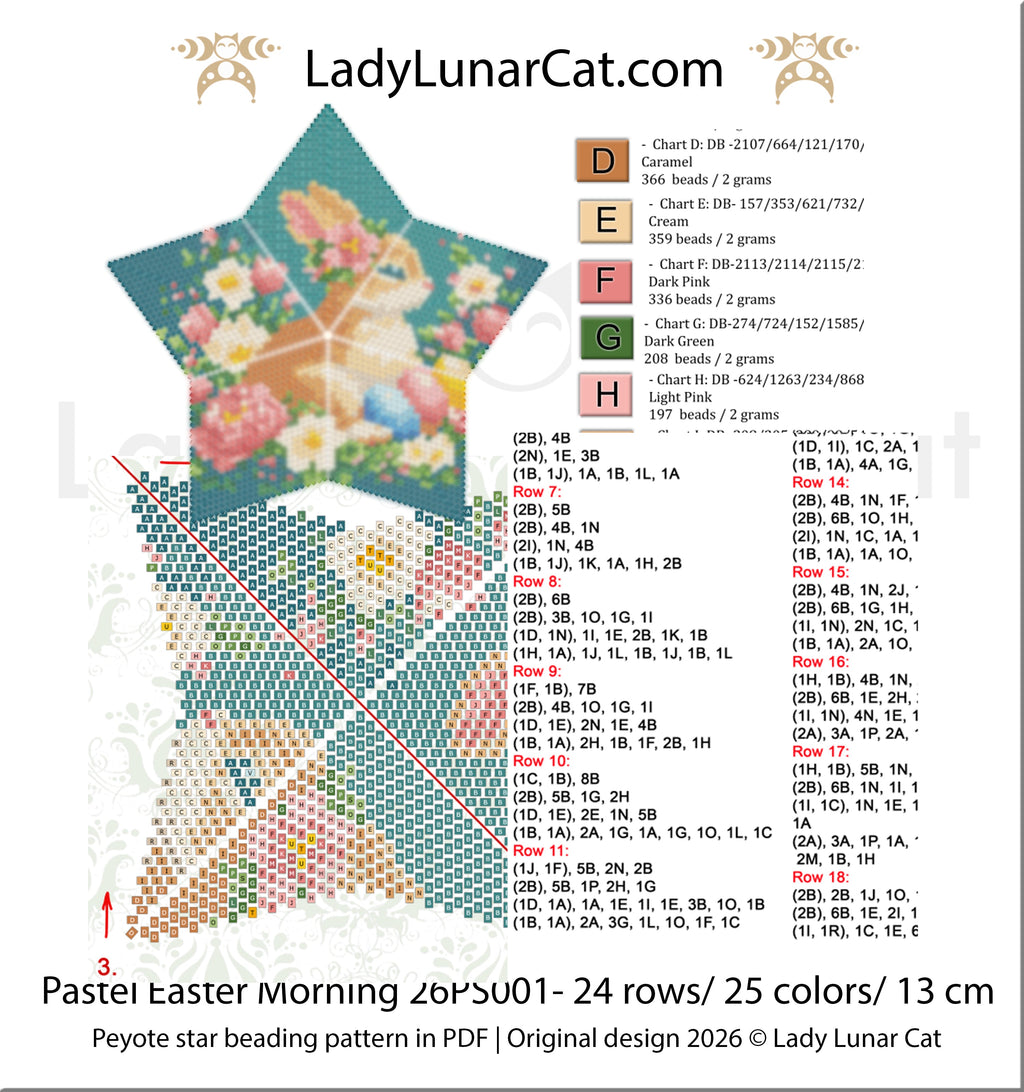 Peyote Star Pattern Preview — Word Chart, Bead Color Legend with DB Numbers, Graphic Chart, 26PS001 Pastel Easter Morning