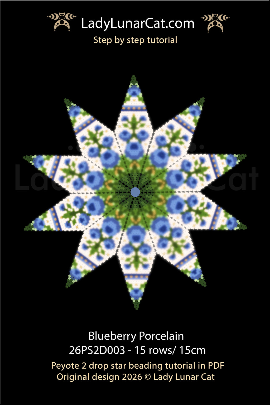 Cottagecore beaded star ornament — Blueberry Porcelain peyote tutorial PDF, 47 pages