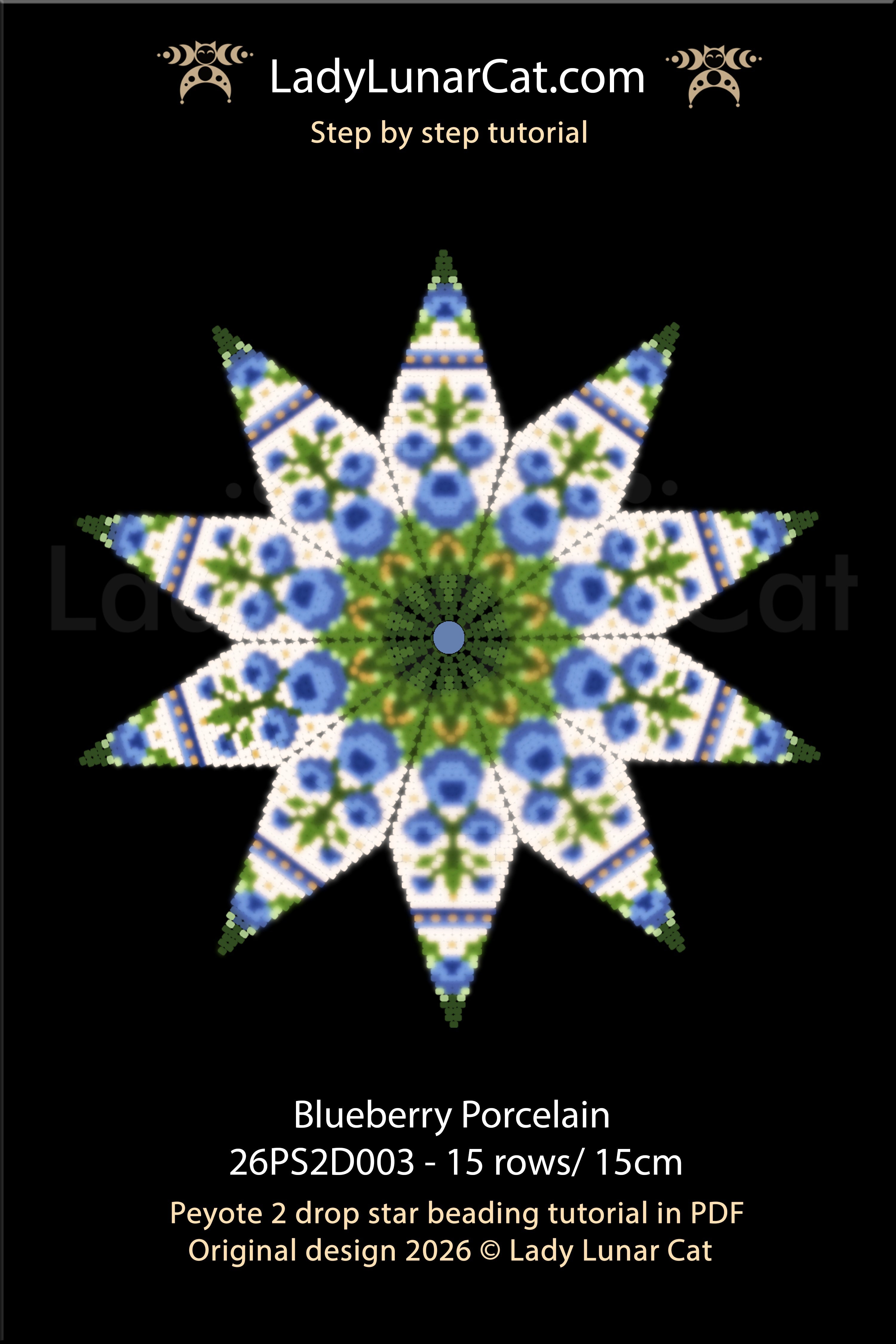 Cottagecore beaded star ornament — Blueberry Porcelain peyote tutorial PDF, 47 pages