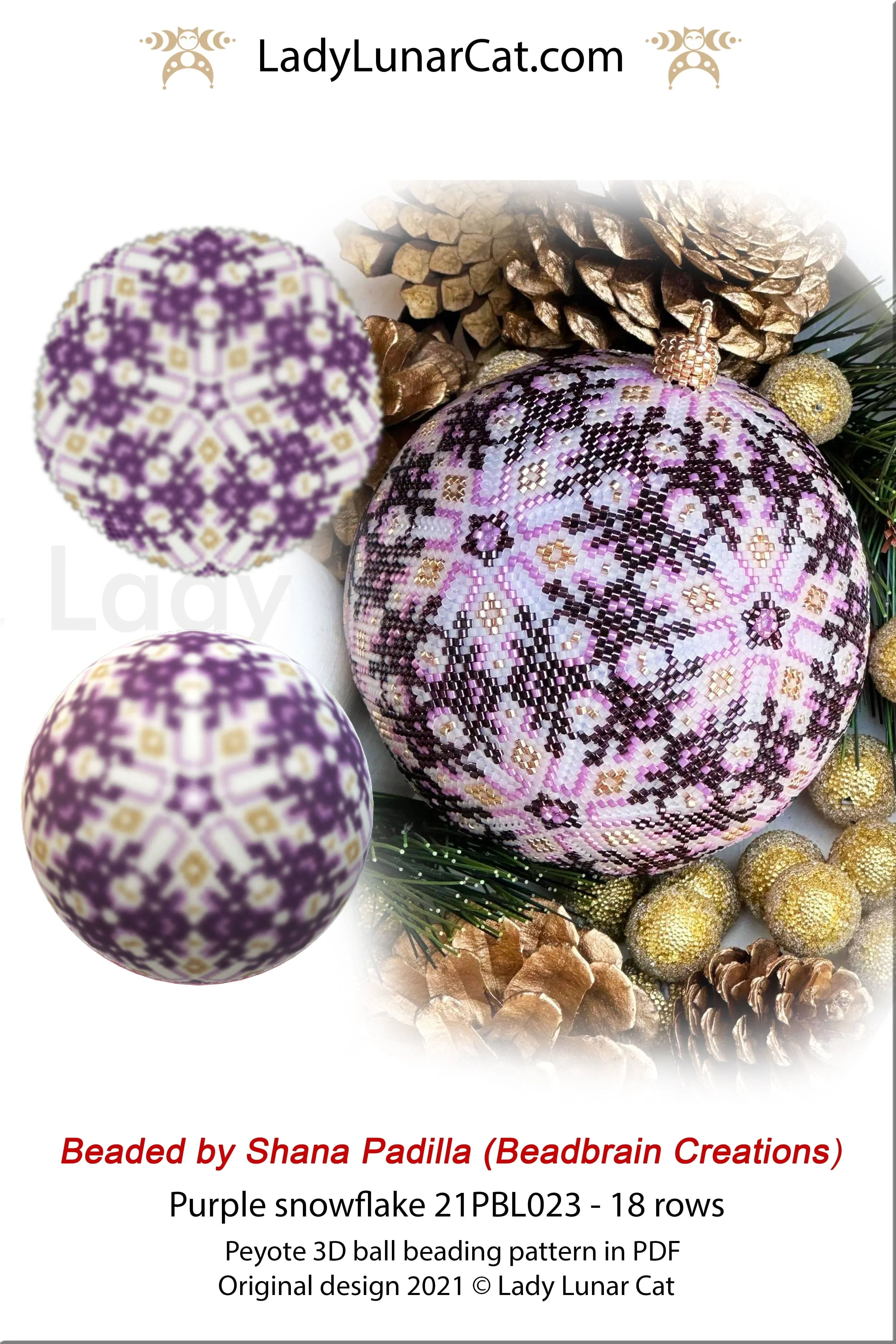 Purple snowflake peyote 3D ball pattern PDF by Lady Lunar Cat — Christmas ornament 21PBL023