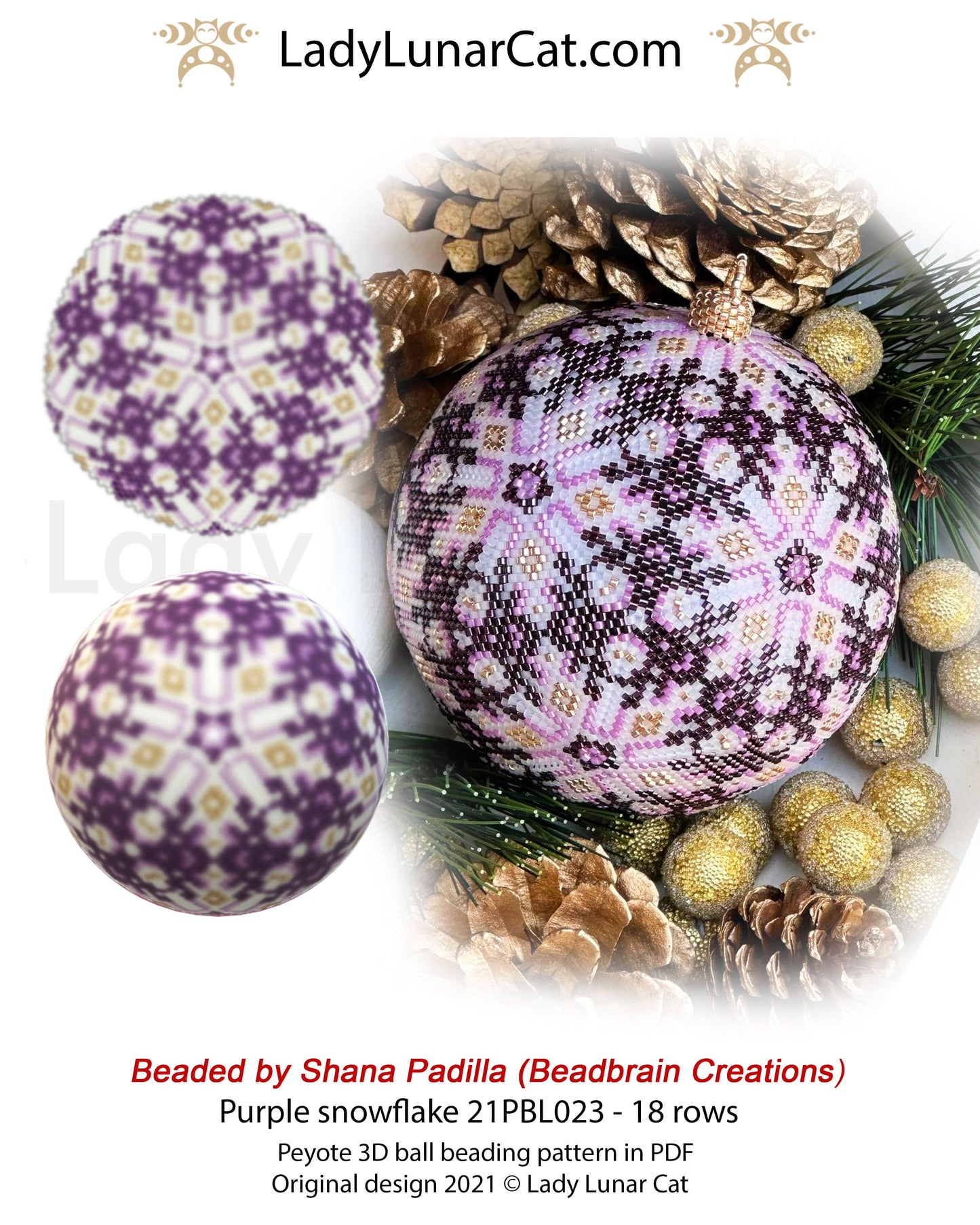 Peyote 3d ball pattern for beading Purple snowflake 21PBL023  18 rows LadyLunarCat