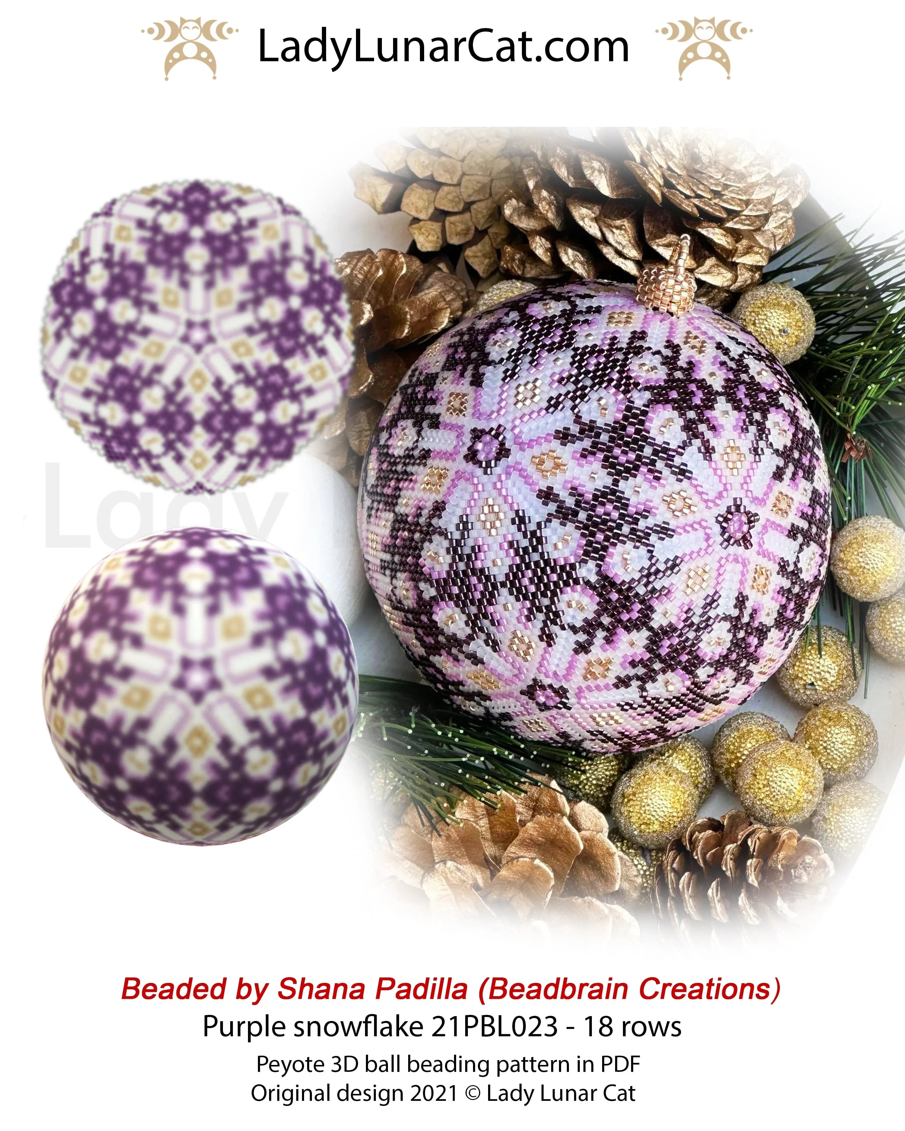 Purple snowflake peyote 3D ball beading pattern preview — 4 colors, graph paper included