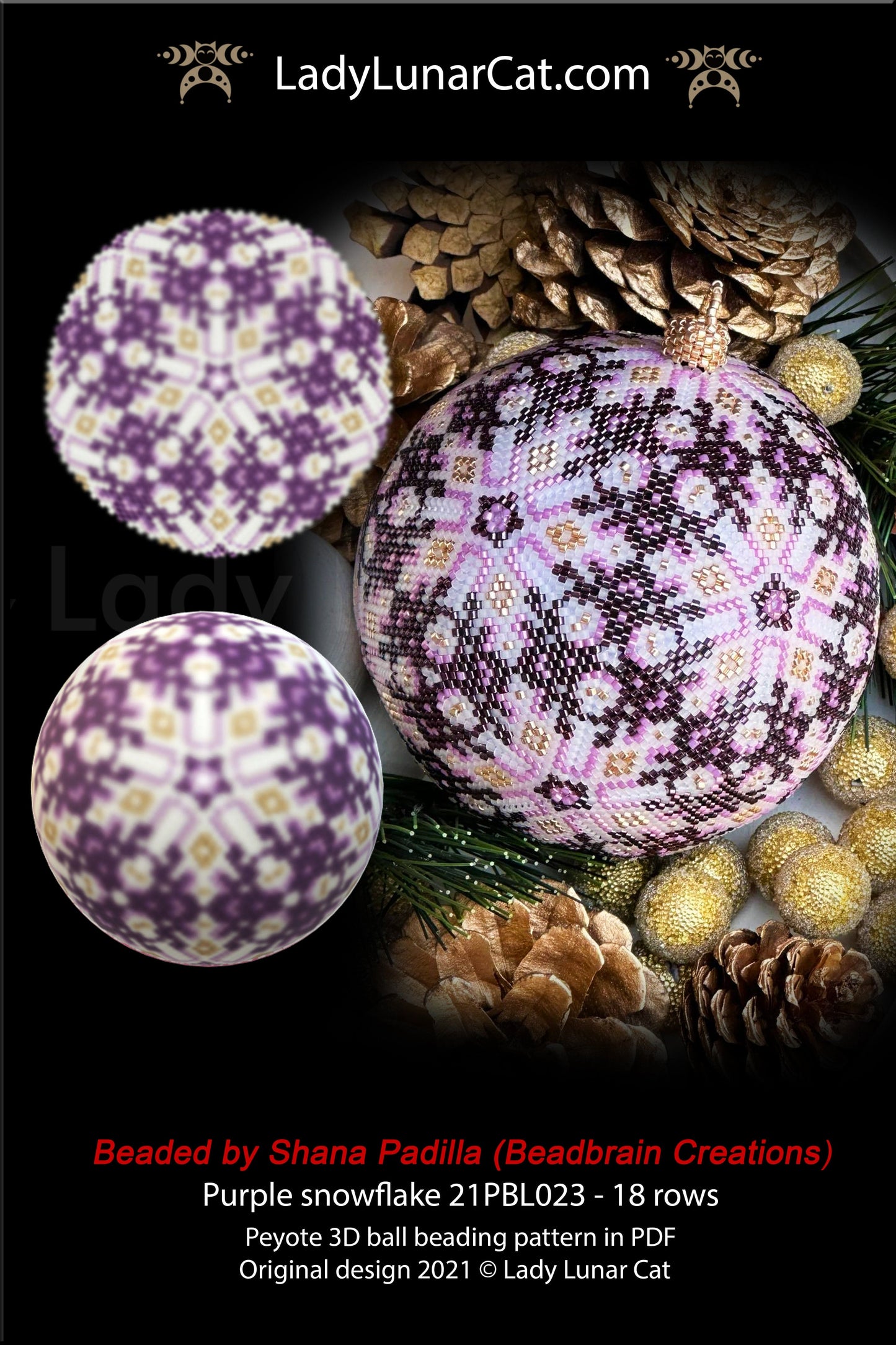 Peyote 3d ball pattern for beading Purple snowflake 21PBL023  18 rows LadyLunarCat