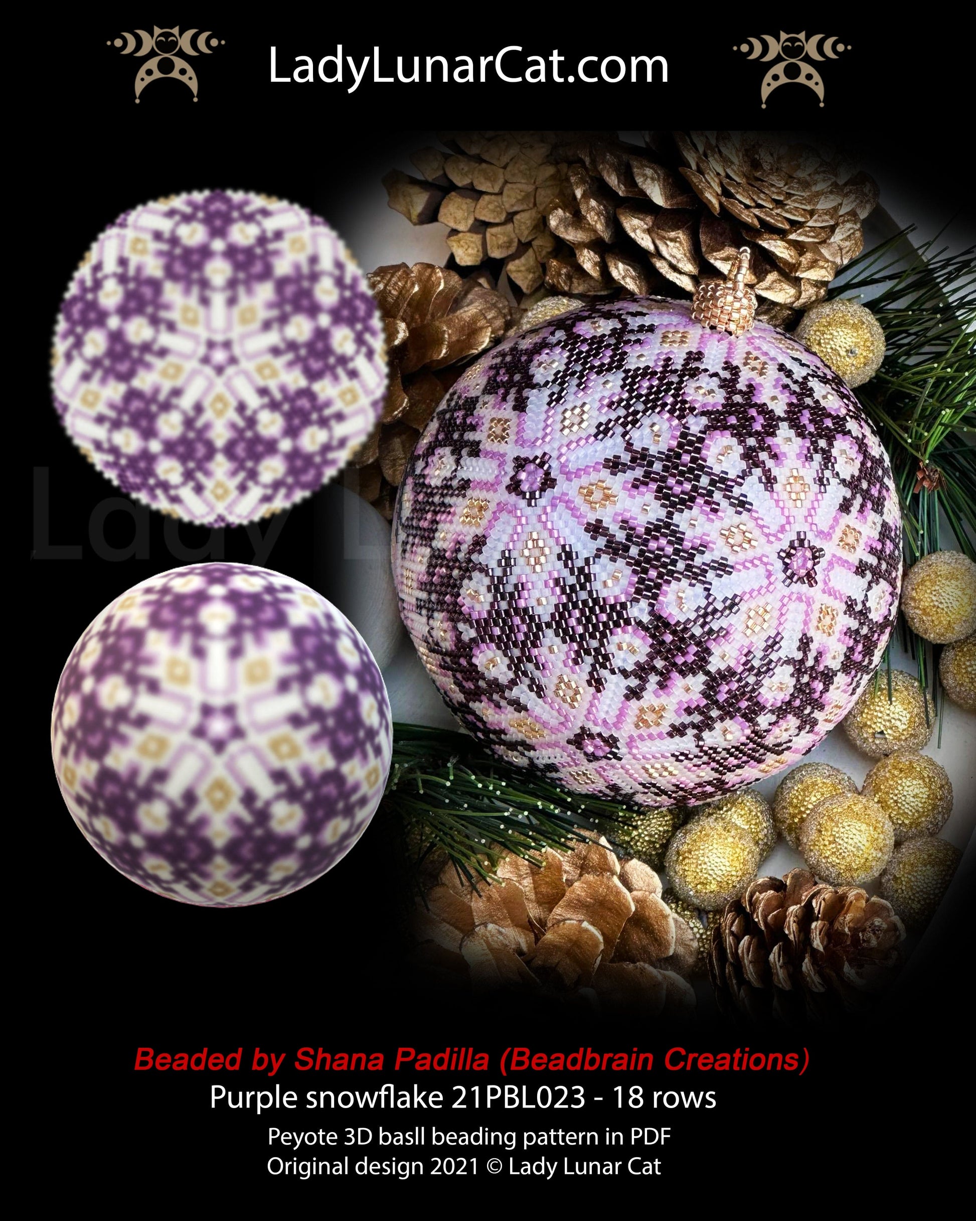 Peyote 3d ball pattern for beading Purple snowflake 21PBL023  18 rows LadyLunarCat