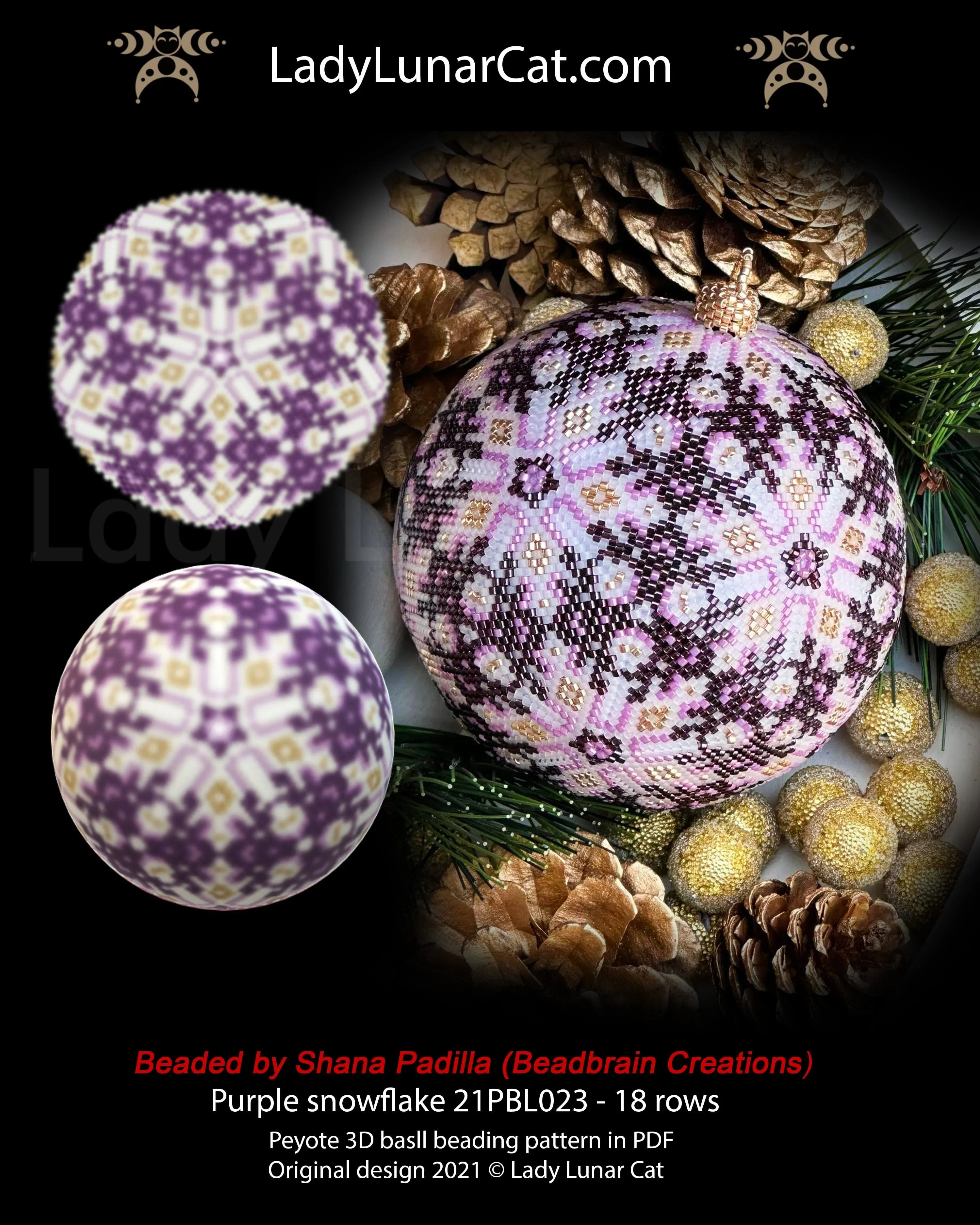 Purple snowflake peyote icosahedron ball — 4 colors, 18 rows, transparent motif, Miyuki Delica 11/0