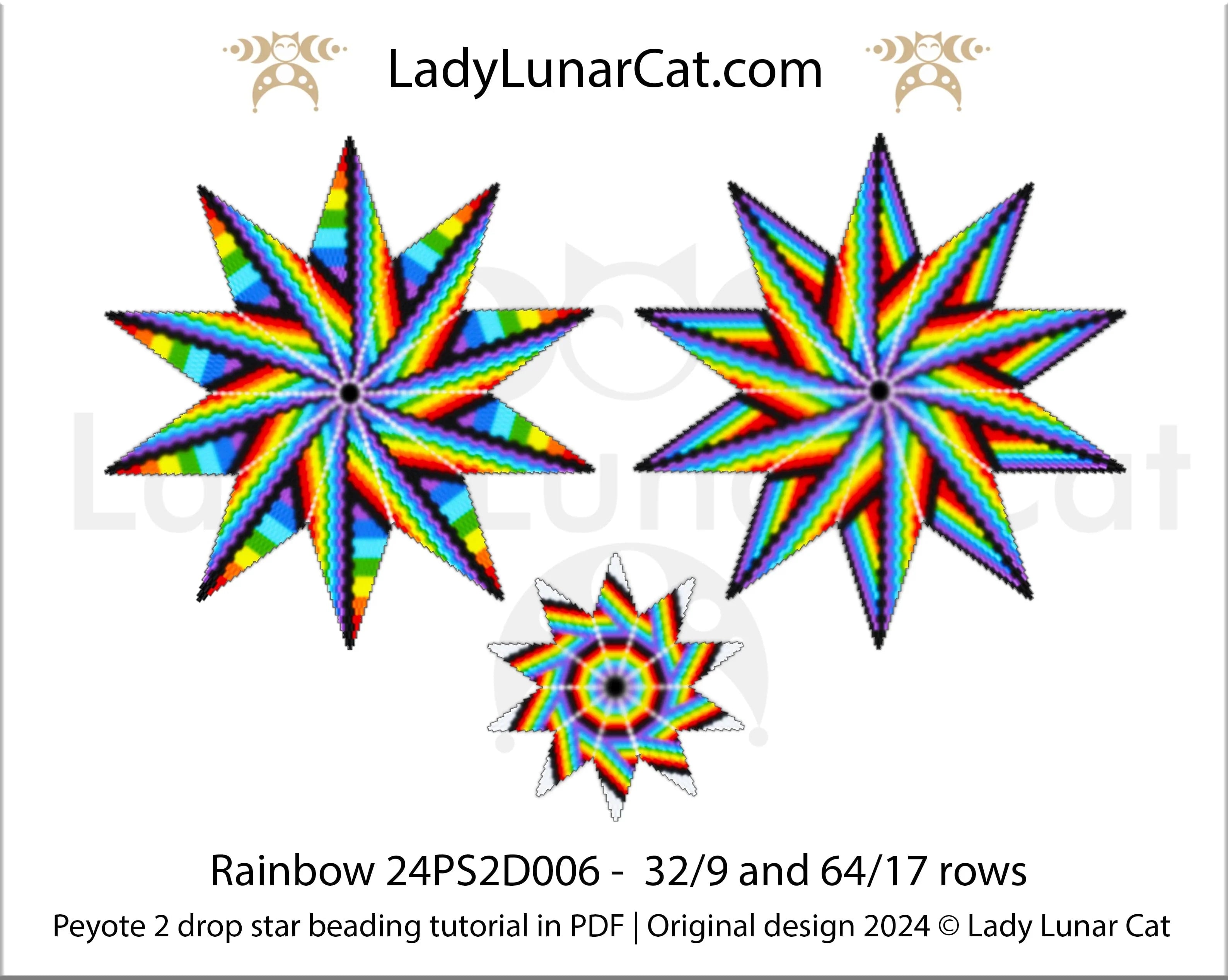 Rainbow beaded star pattern detail - colorful peyote star 2 sizes PDF LadyLunarCat