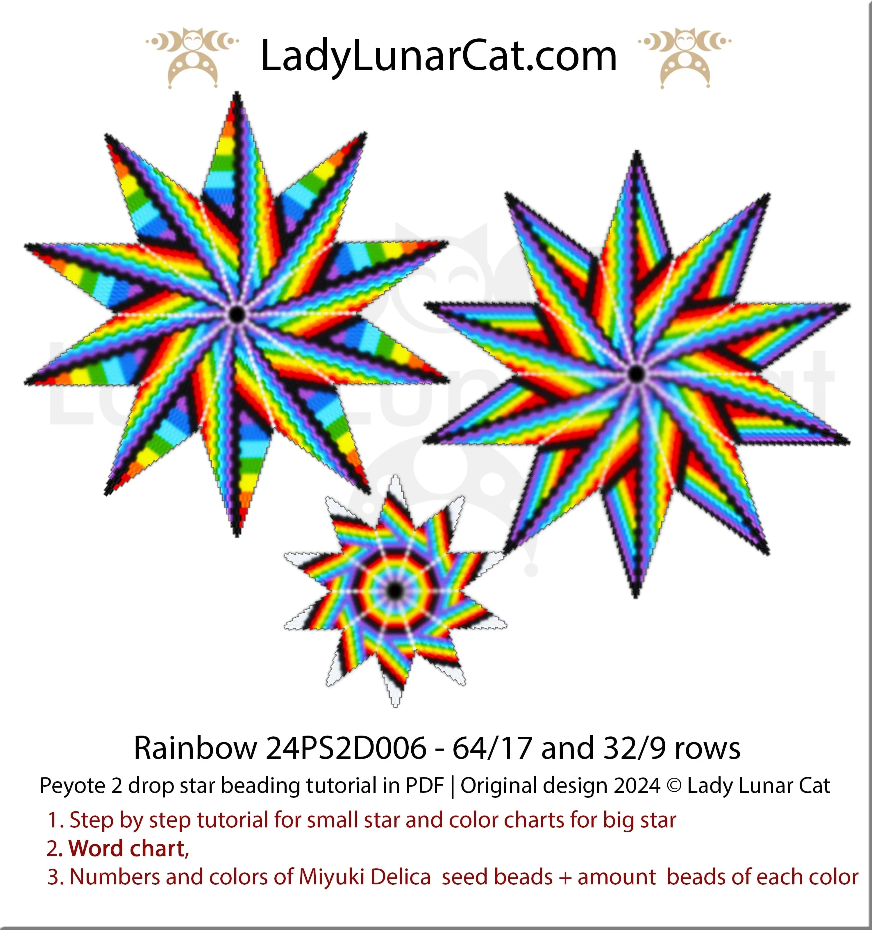 Rainbow beaded star pattern - large peyote 2 drop star 64 beads 3 colorways PDF LadyLunarCat