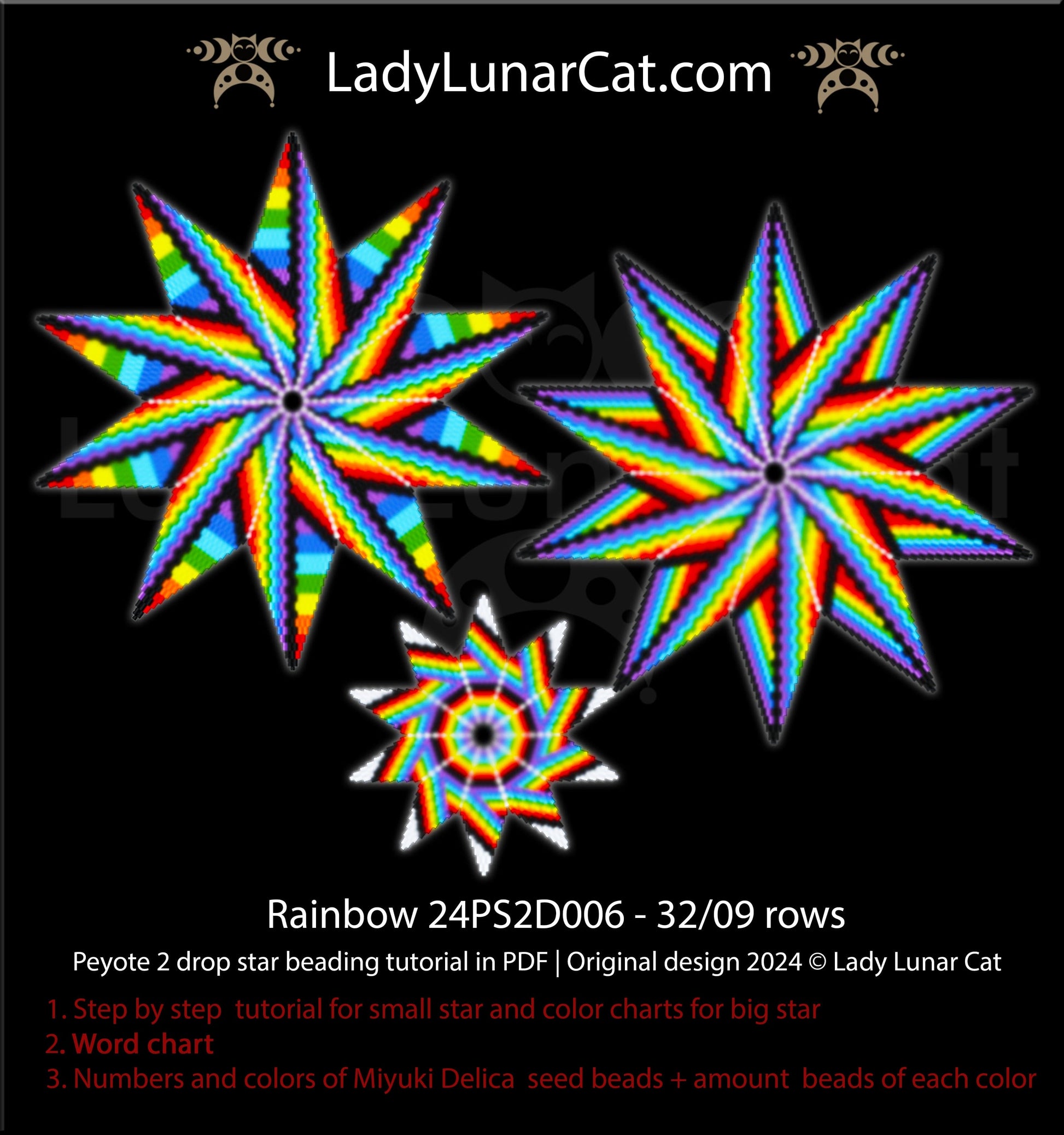 Copy of Peyote 2 drop star pattern for beading - Magic forest  64/17 rows and 32/ 9 rows LadyLunarCat