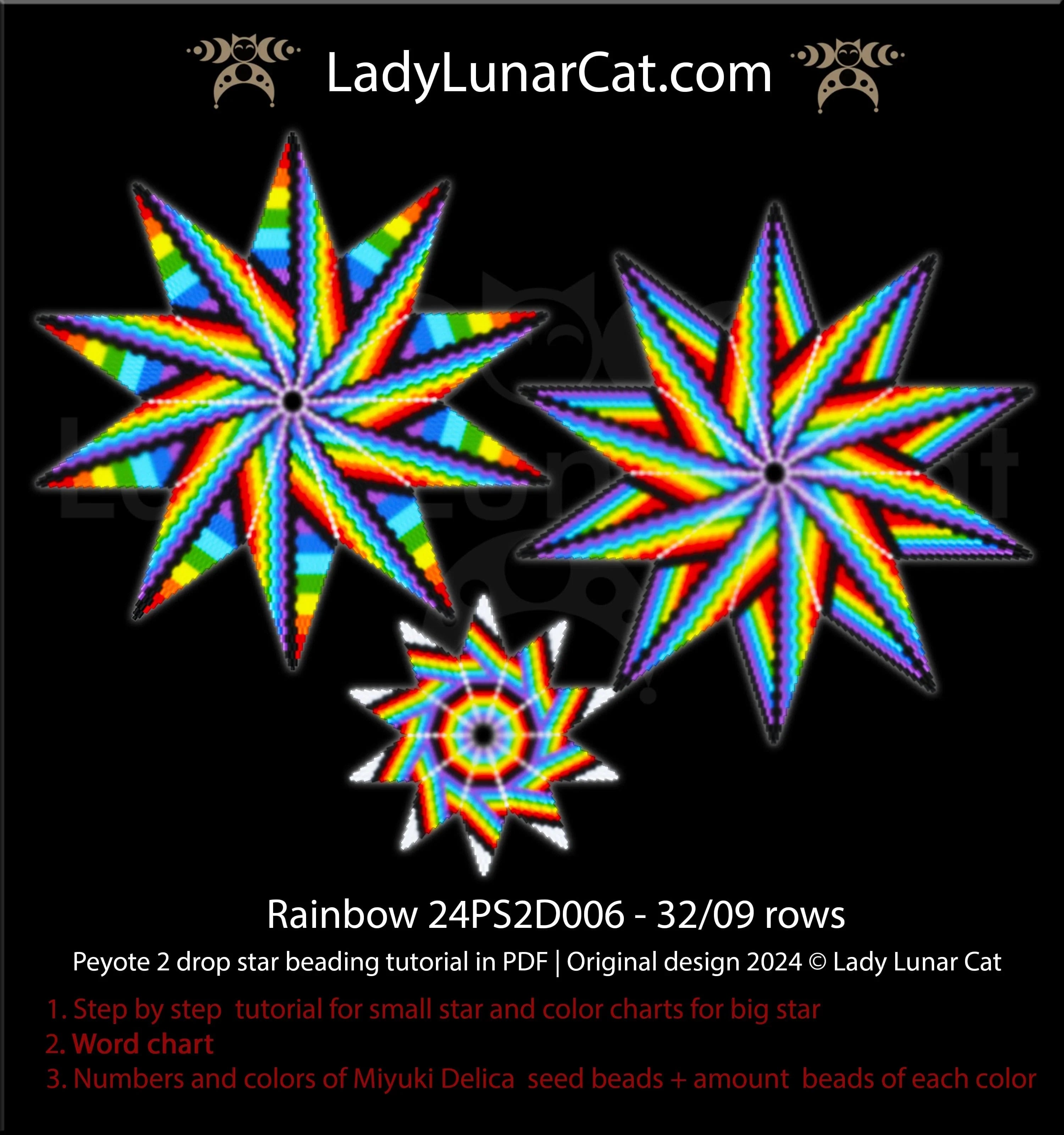 Rainbow peyote 2 drop star - colorway 1 Miyuki Delica beginner tutorial LadyLunarCat