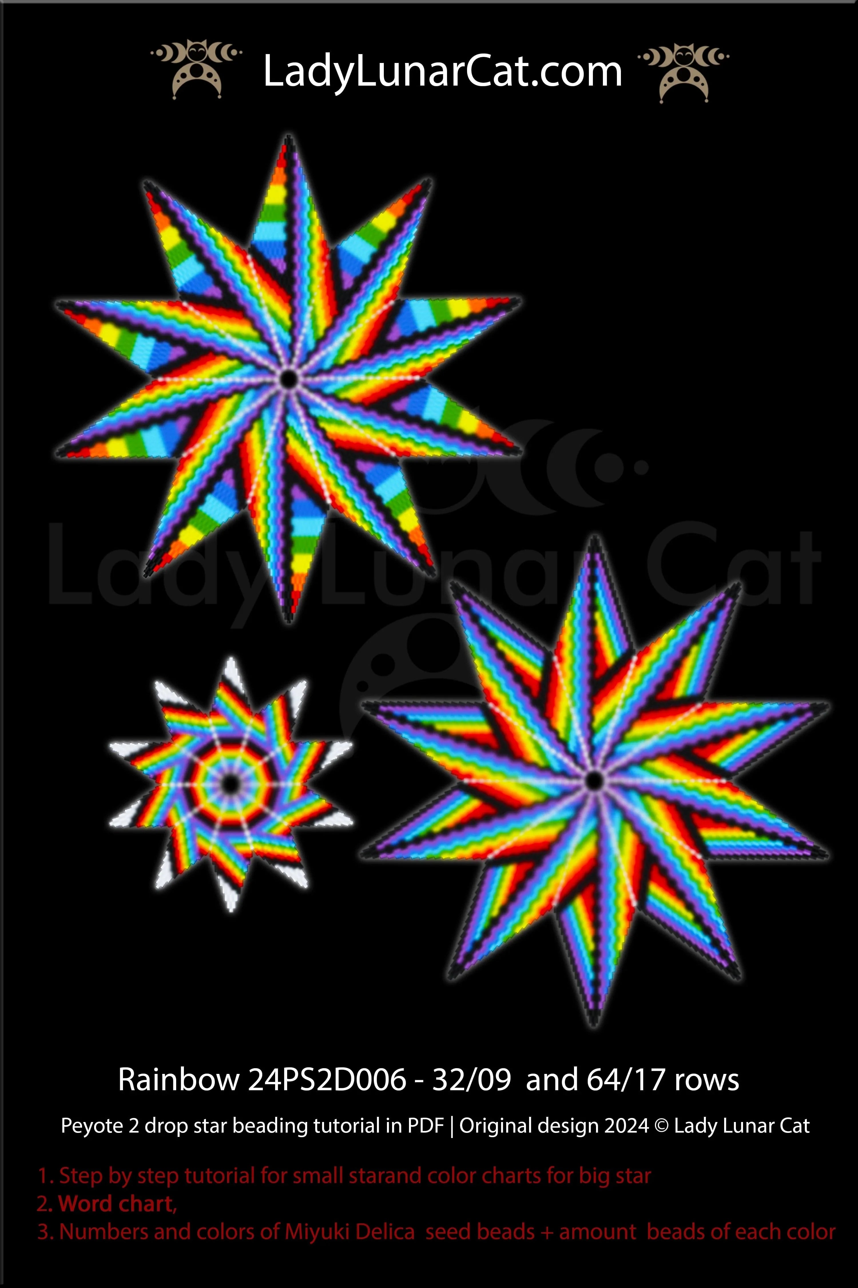 Rainbow beaded star ornament - small star 32 beads 9 rows peyote 2 drop LadyLunarCat