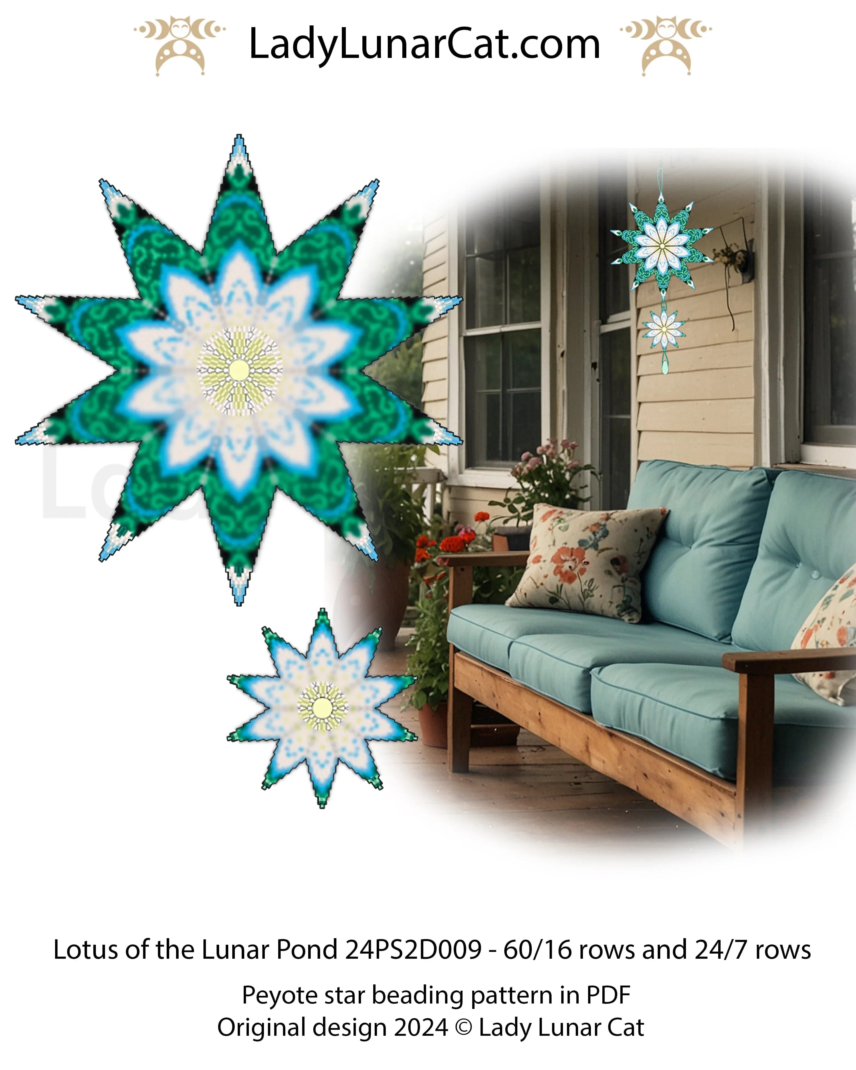 Lotus of the Lunar Pond beaded star pattern - large peyote 2 drop star 60 rows beginner PDF LadyLunarCat