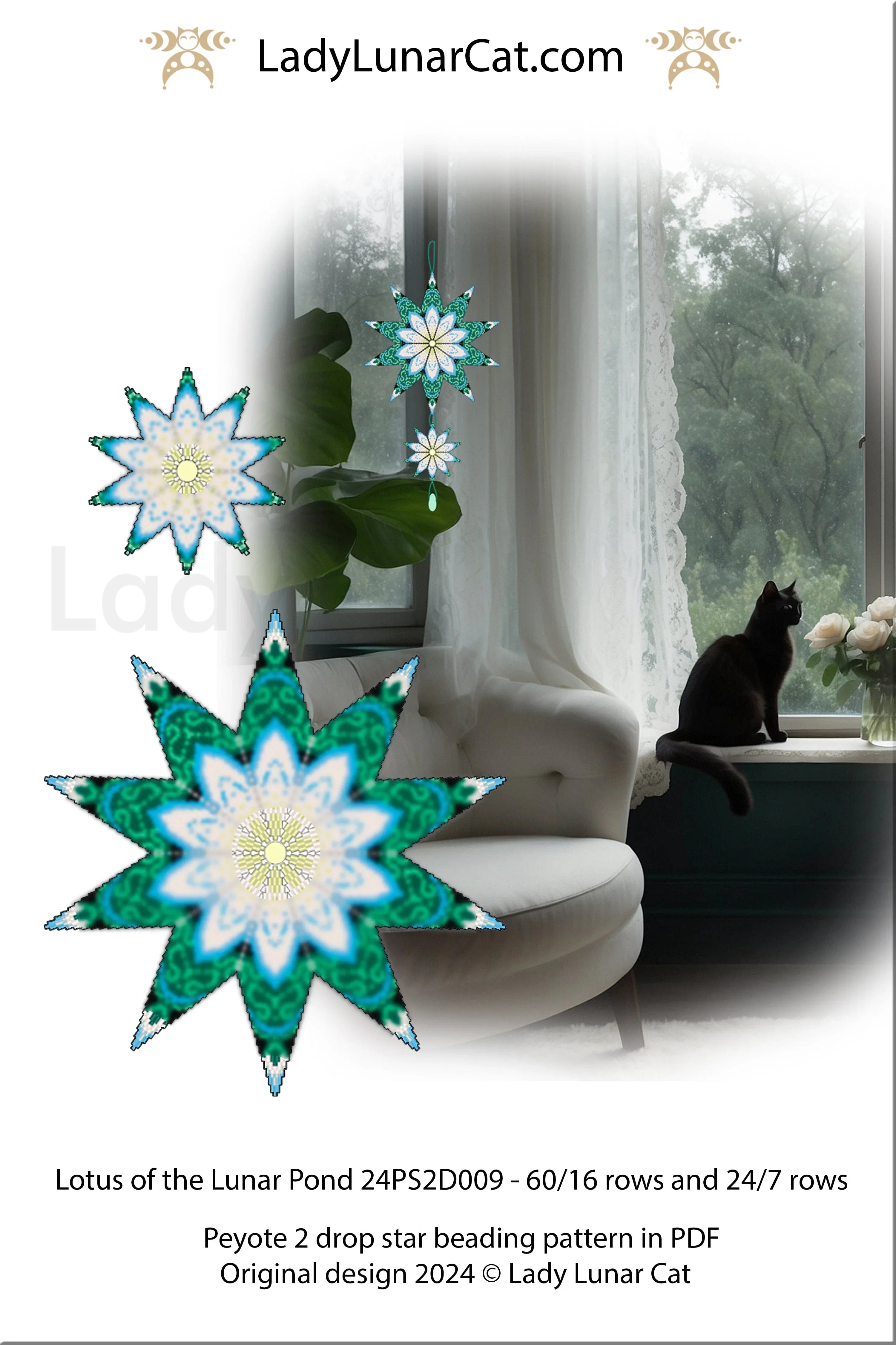 Peyote 2 drop star pattern PDF - Lotus mandala design 2 sizes instant download LadyLunarCat