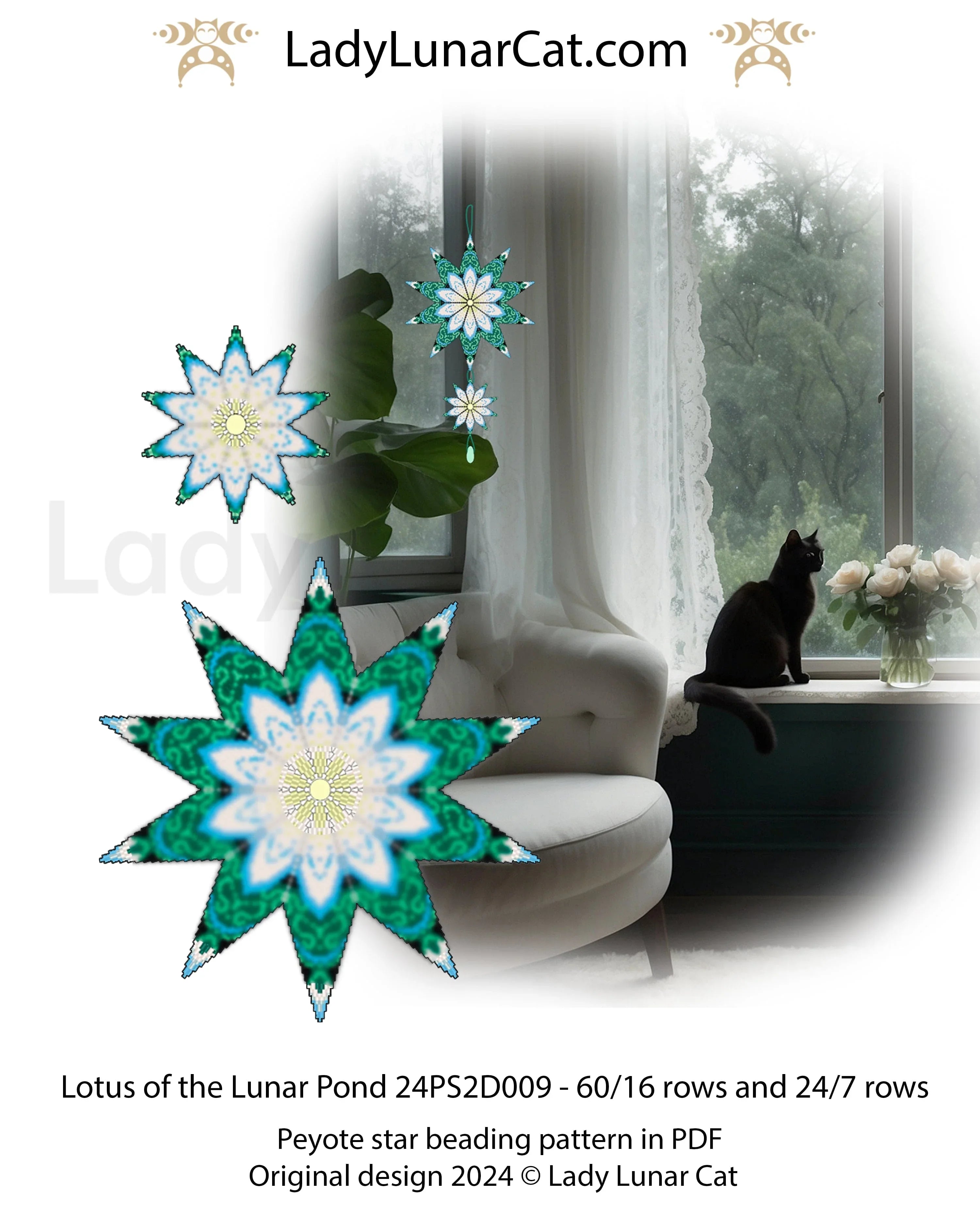 Lotus beaded star ornament pattern - moonlit water lily design peyote stitch LadyLunarCat