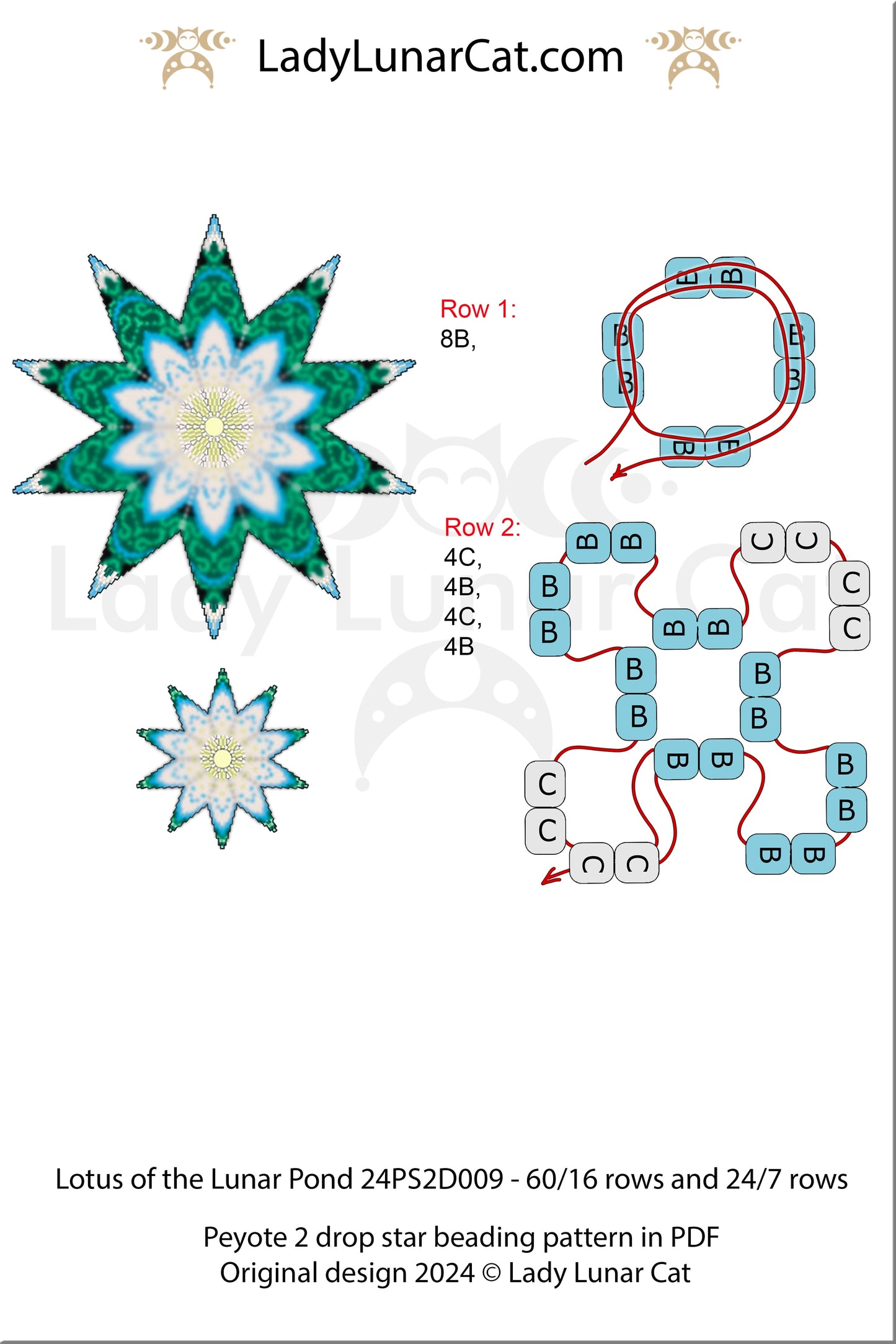 Peyote 2 drop star pattern for beading - Lotus of the Lunar Pond 60/16 rows and 24/7 rows (Suitable for beginners) LadyLunarCat