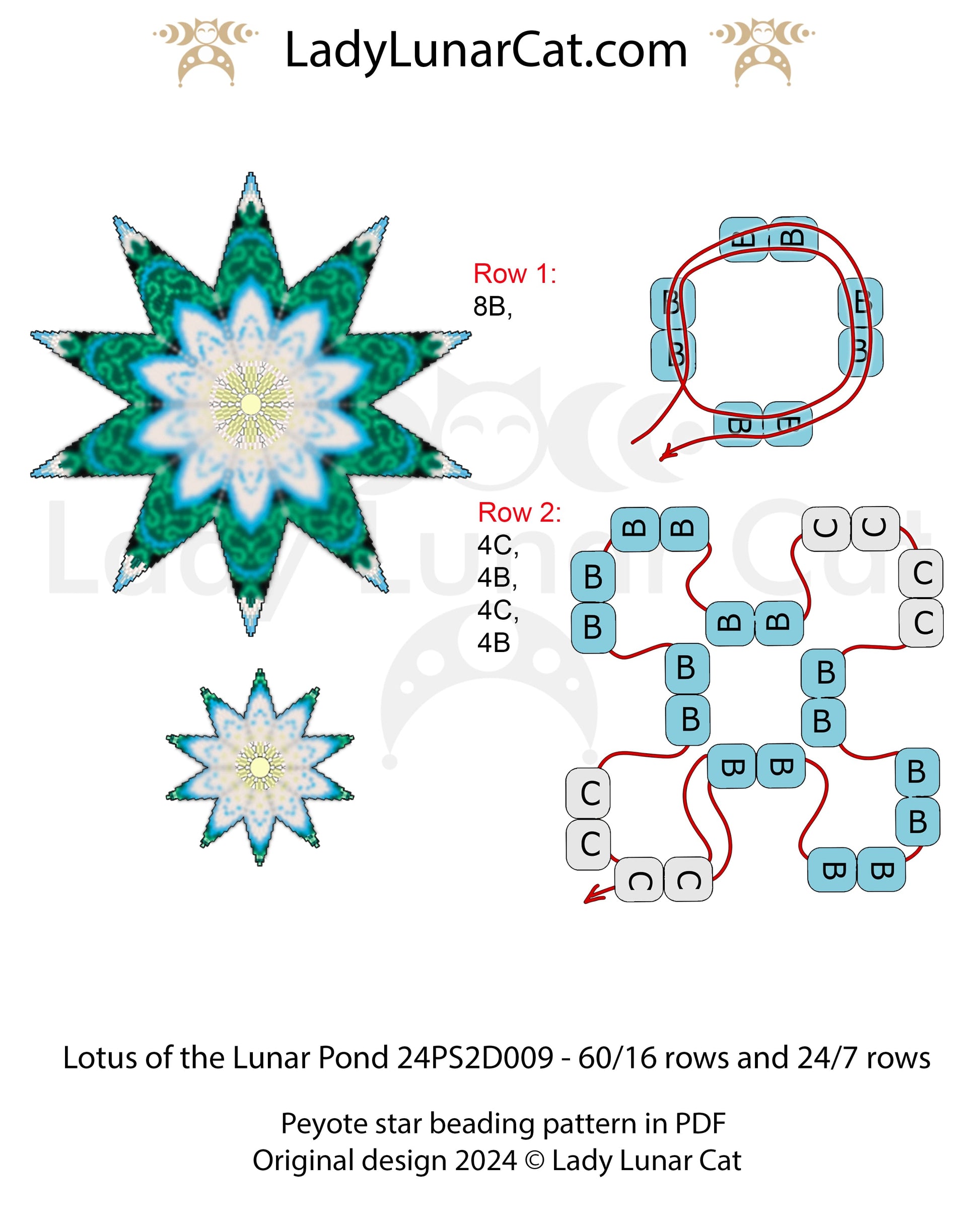 Peyote 2 drop star pattern for beading - Lotus of the Lunar Pond 60/16 rows and 24/7 rows (Suitable for beginners) LadyLunarCat