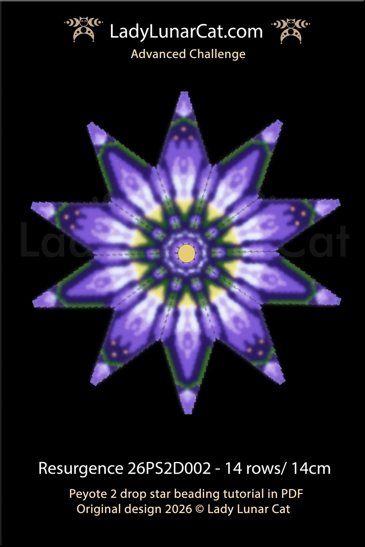 Resurgence 3D star beading pattern — PDF preview with colored graph and word chart, Lady Lunar Cat