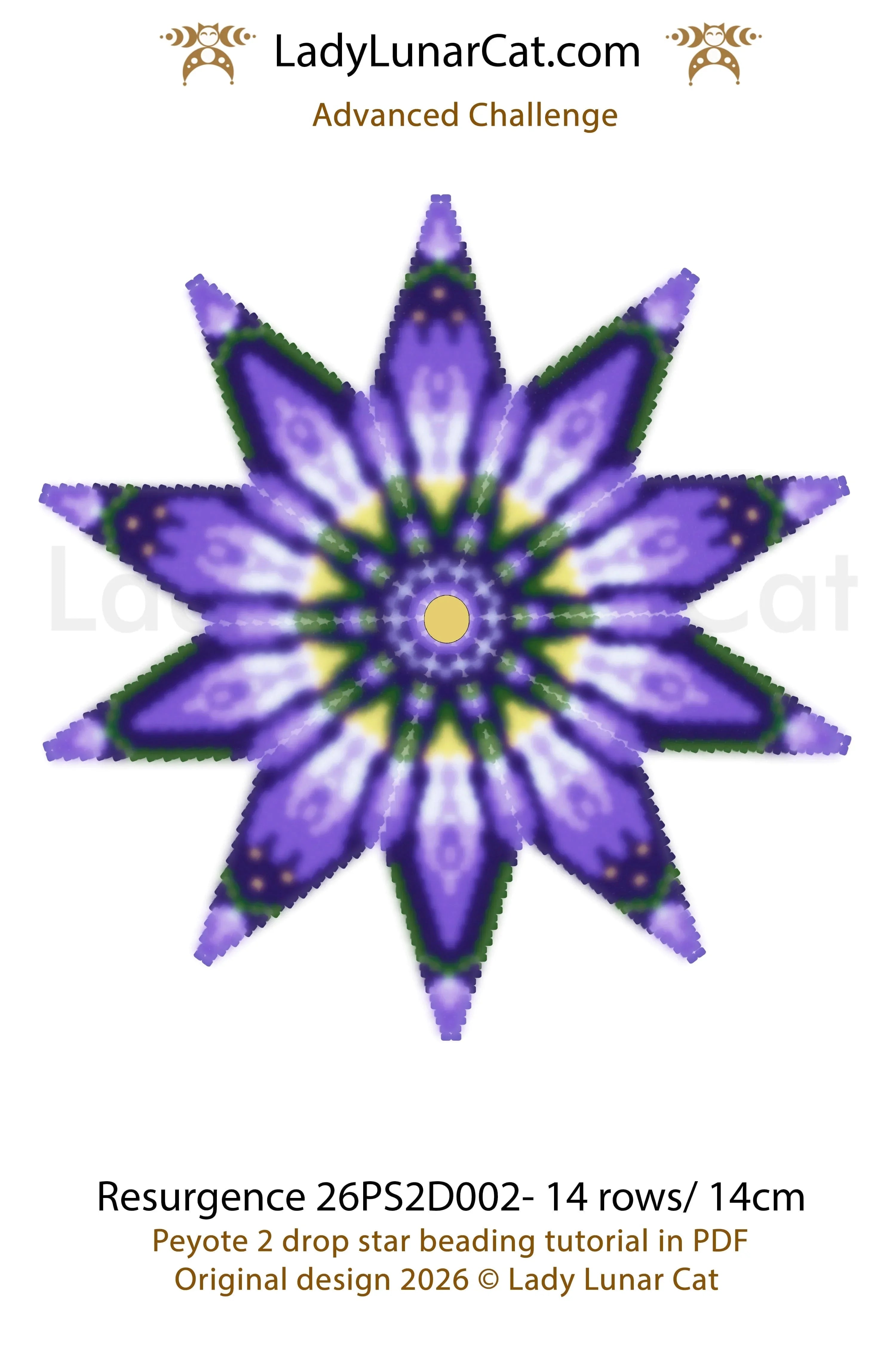 Resurgence advanced peyote star — side view showing 3D structure and floral design, Lady Lunar Cat