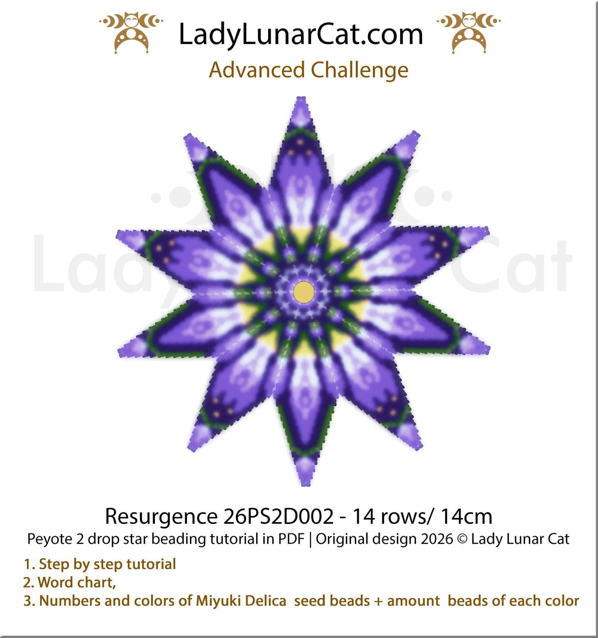 Resurgence peyote 2 drop star — close-up detail of floral motif and color palette, Lady Lunar Cat