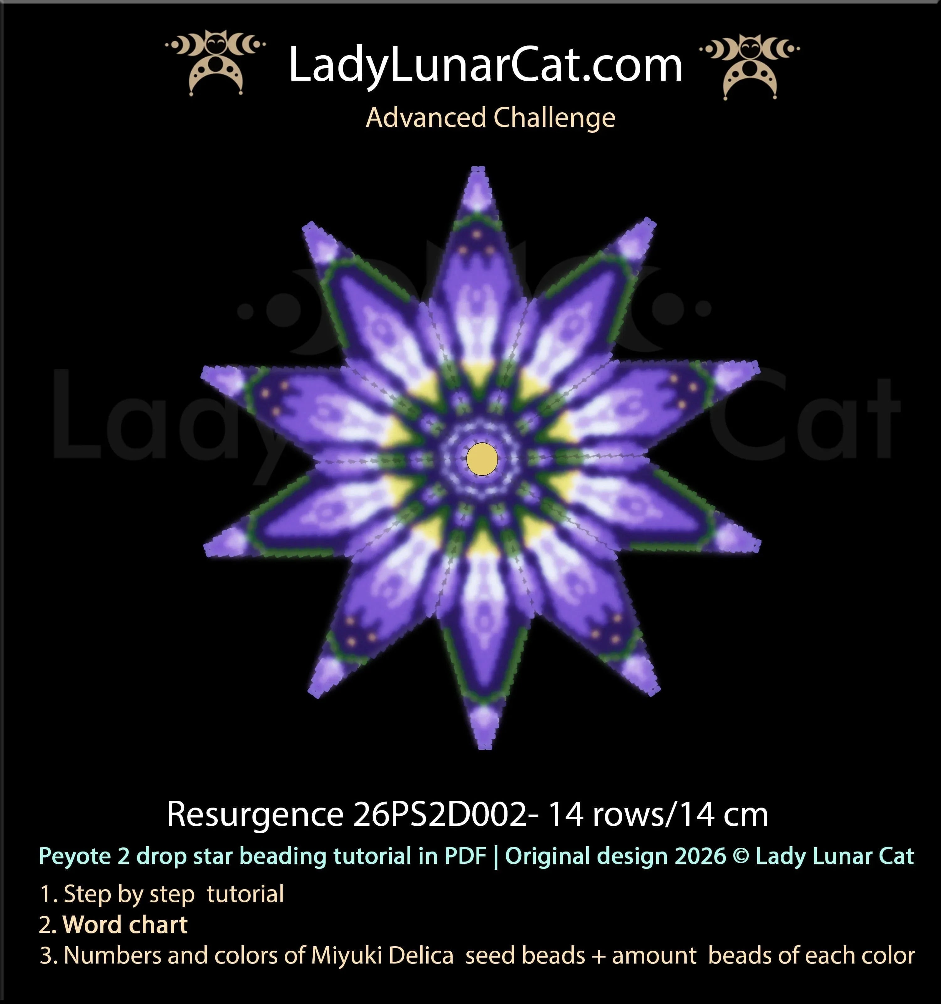 Resurgence Floral Peyote 2 Drop Star 26PS2D002 — finished beaded star, front view, Lady Lunar Cat