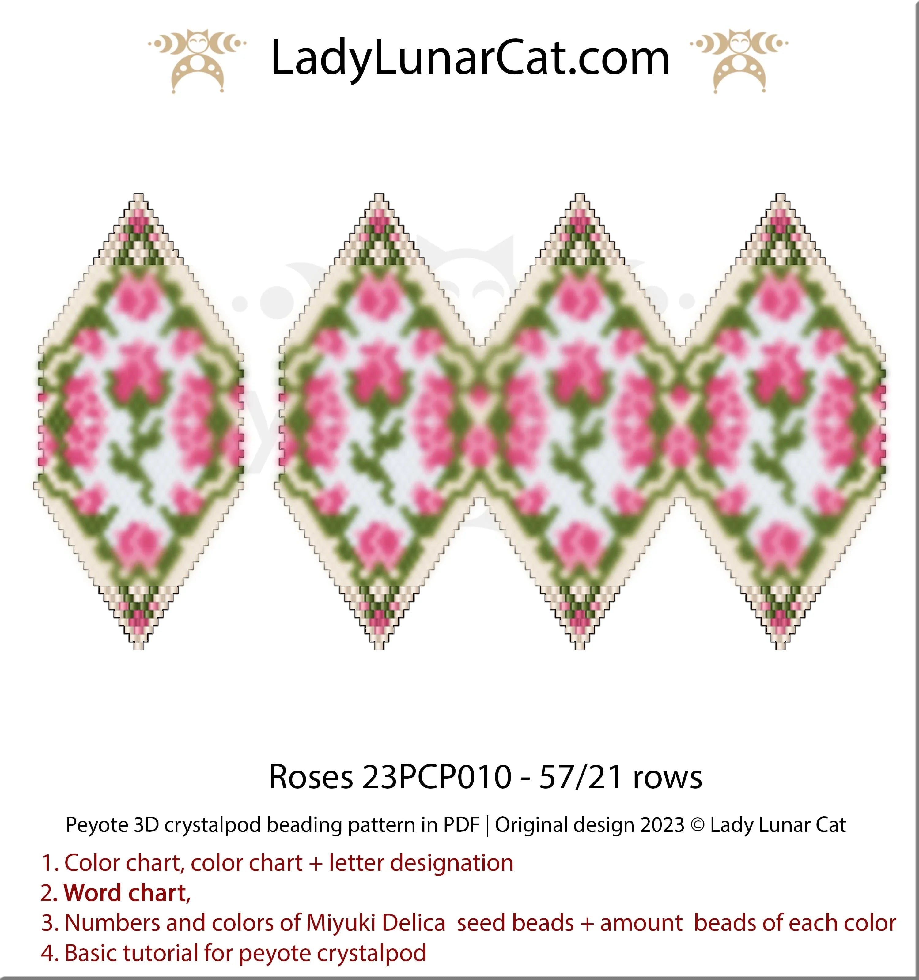 Roses peyote crystalpod pattern - 3D pod 57 beads 5 colors blush pink PDF LadyLunarCat