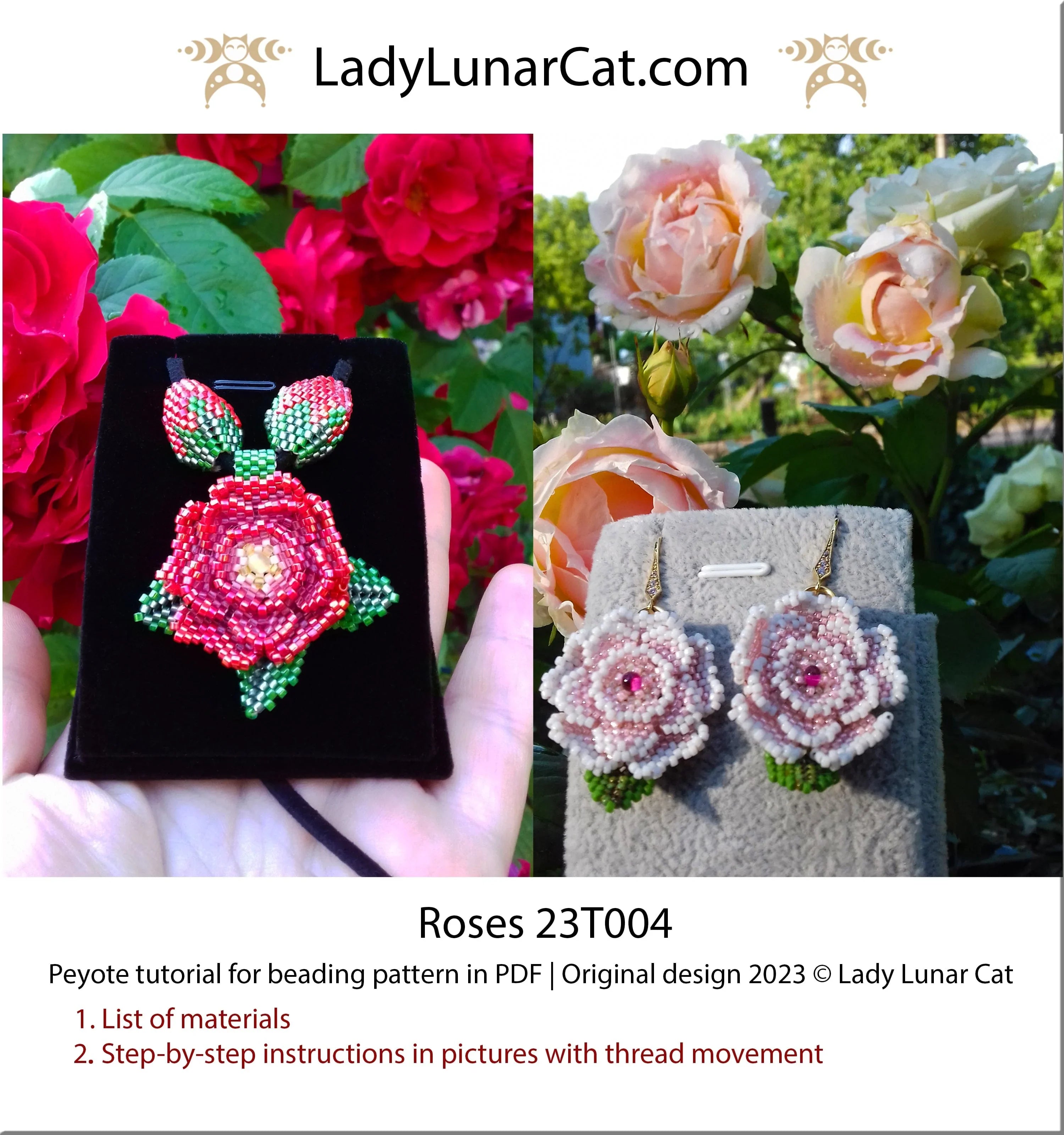 Roses beaded earring tutorial - beginner friendly 3D peyote herringbone PDF LadyLunarCat