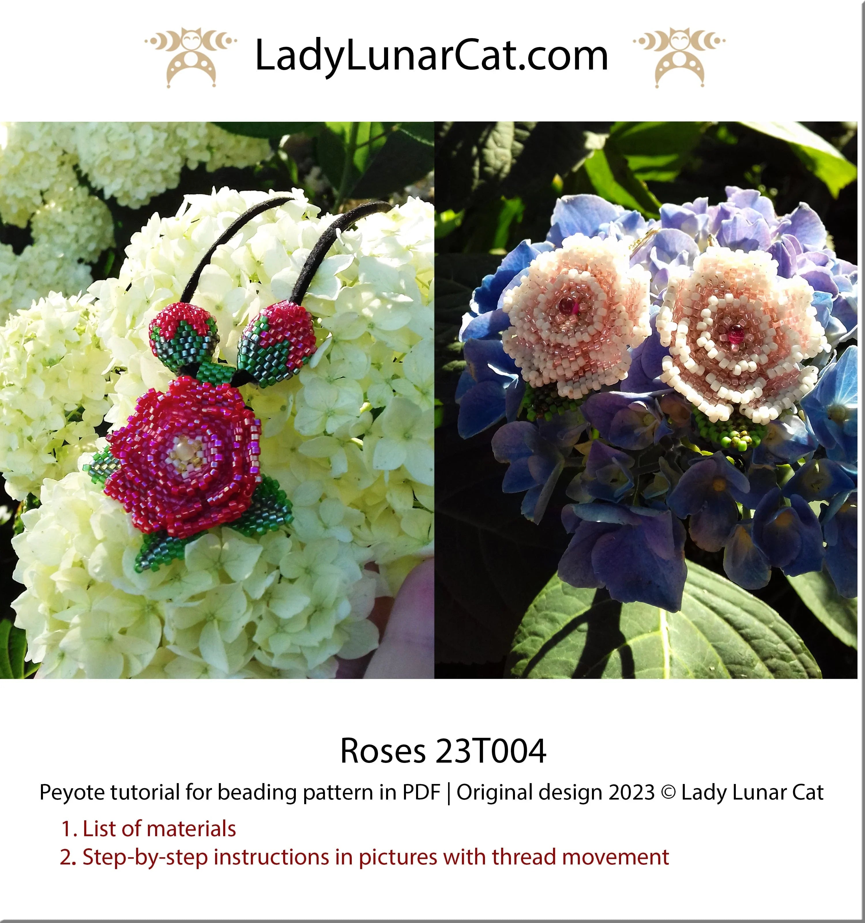 Roses beaded rose pattern - summer garden inspired jewelry PDF LadyLunarCat