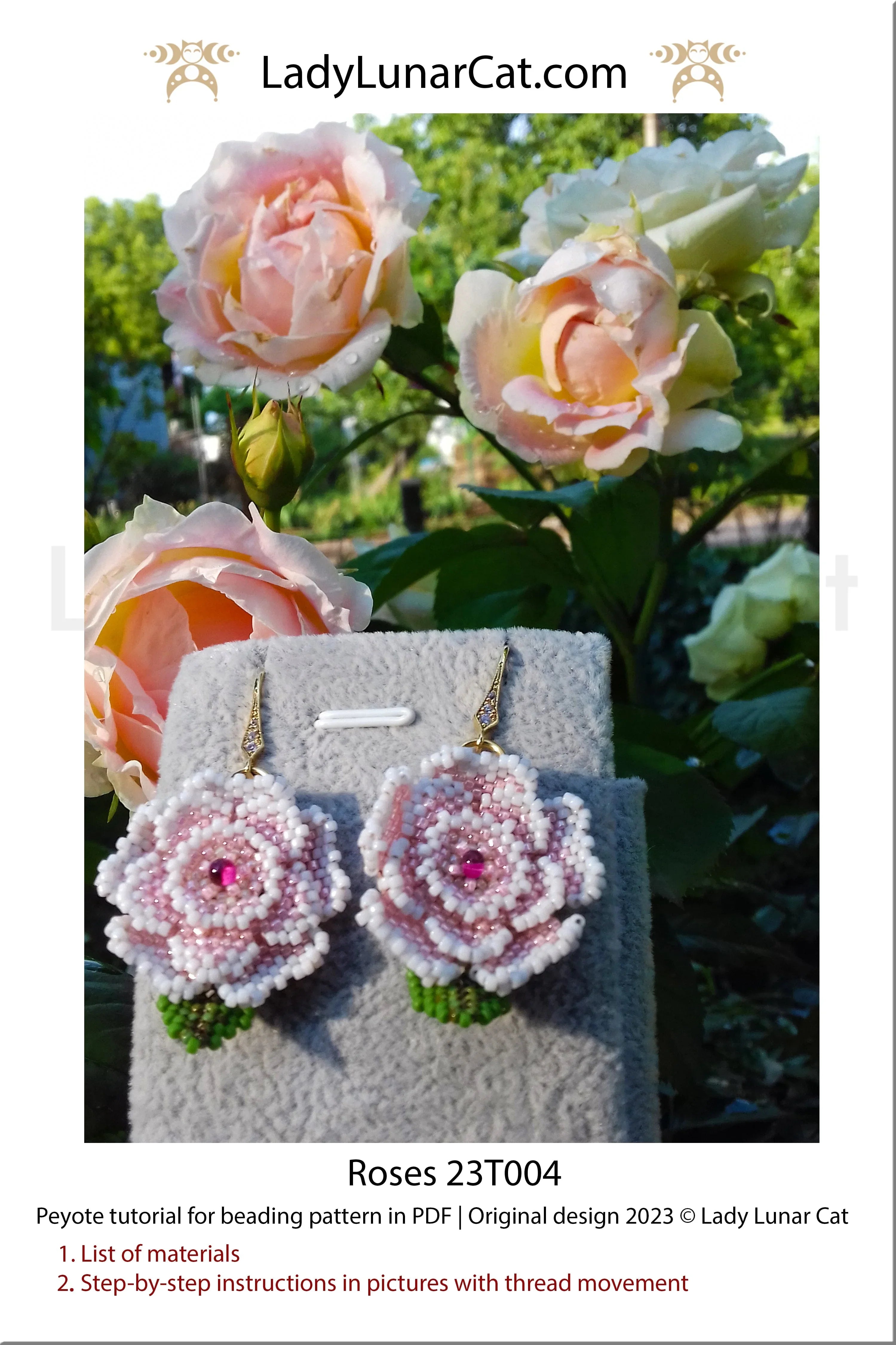 Roses 3D peyote rose - finished beaded bead pendant lifestyle view LadyLunarCat