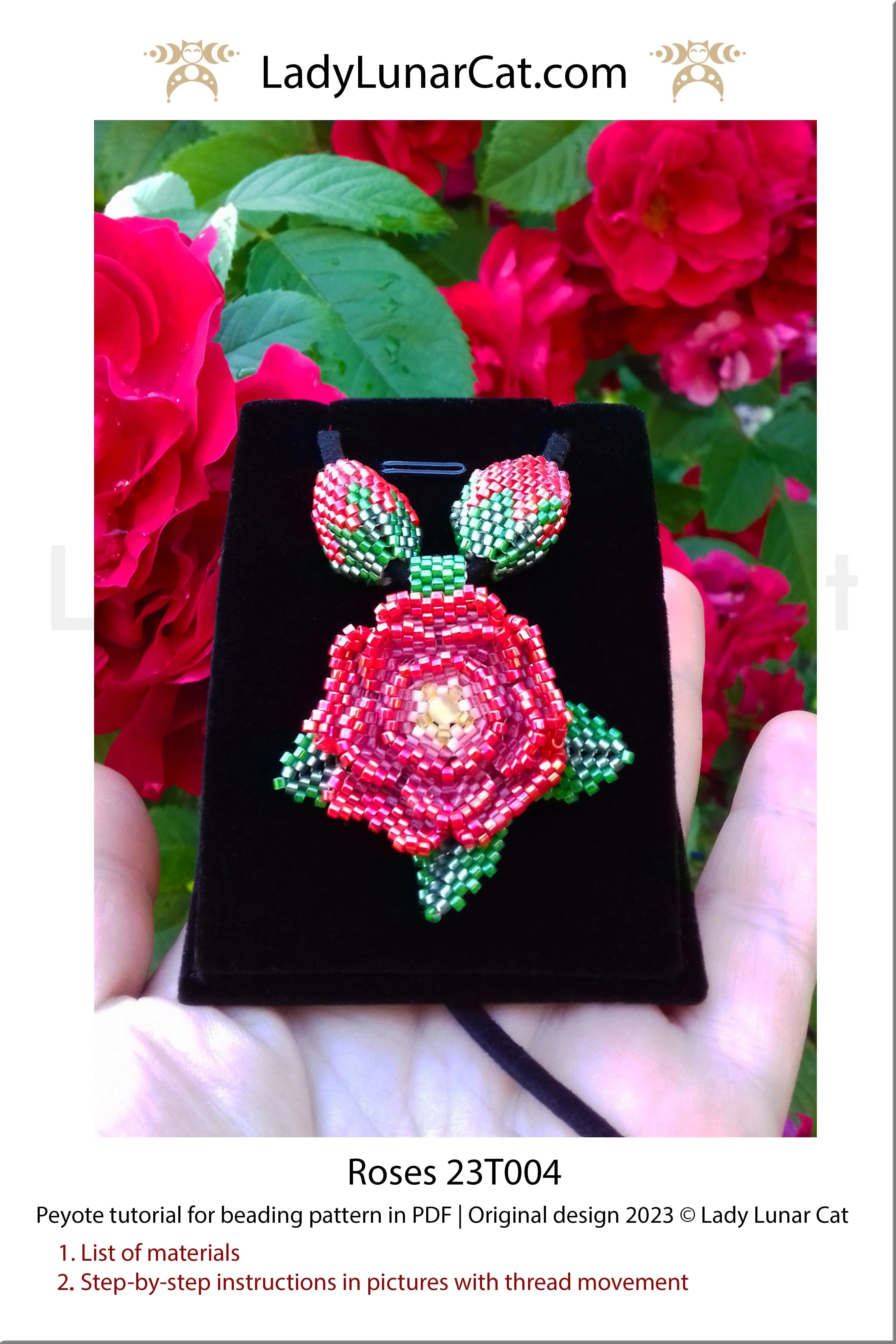 Roses beaded jewelry pattern - earrings and beaded bead set PDF download LadyLunarCat
