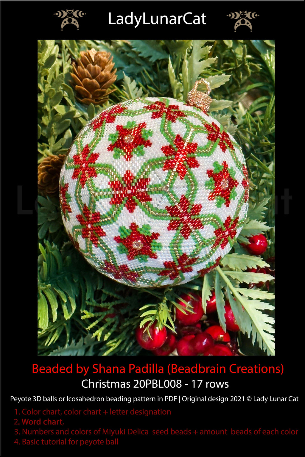 Peyote 3d ball pattern for beading | Beaded Icosahedron Christmas 20PBL008 17 rows LadyLunarCat