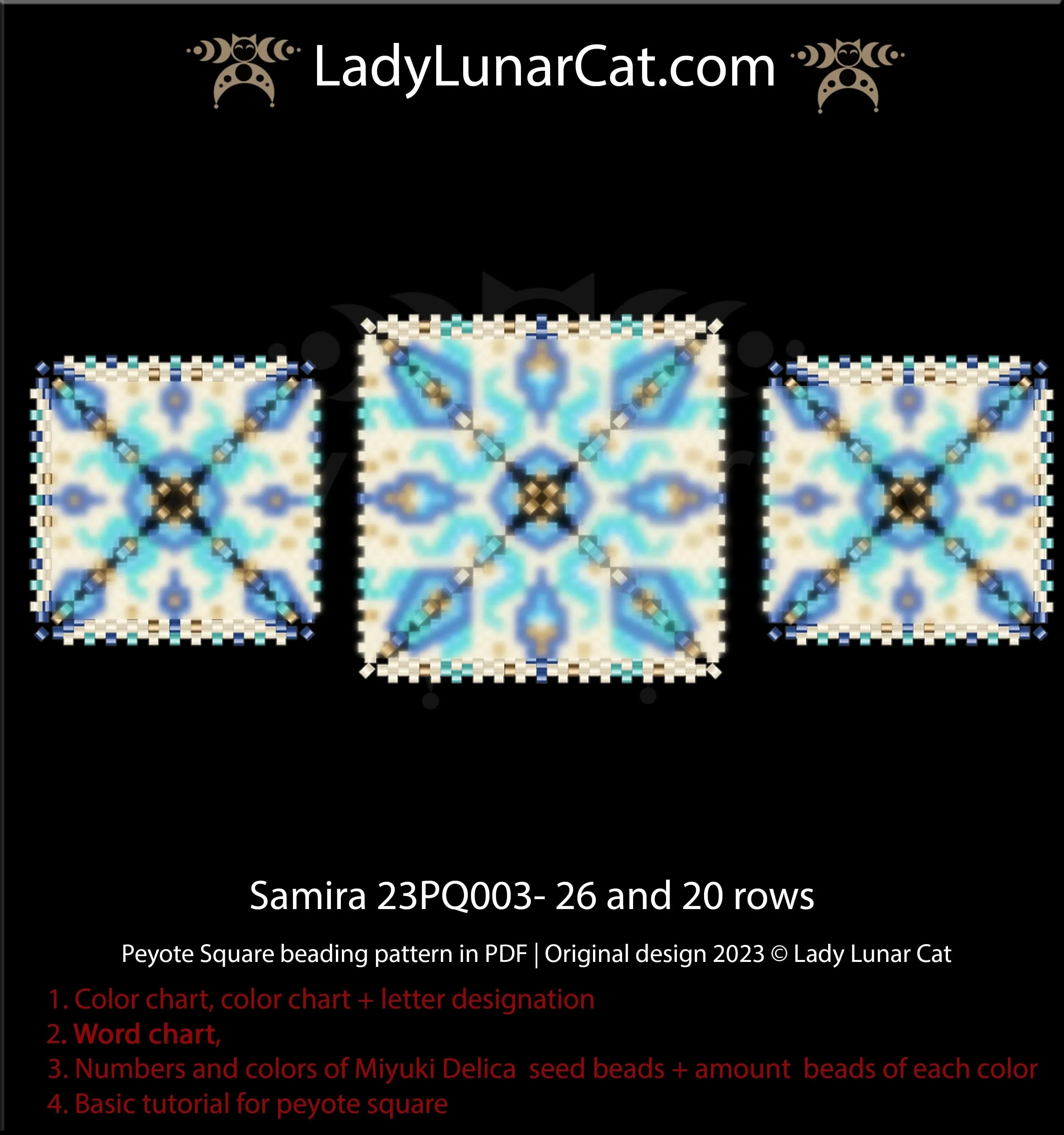 Samira beaded square large size - 31x26 beads classic teal geometric design LadyLunarCat