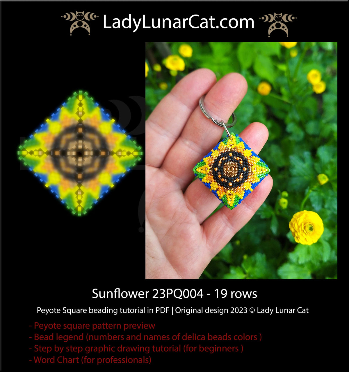 Sunflower beaded square - peyote stitch floral design 21x19 beads complete beginner LadyLunarCat
