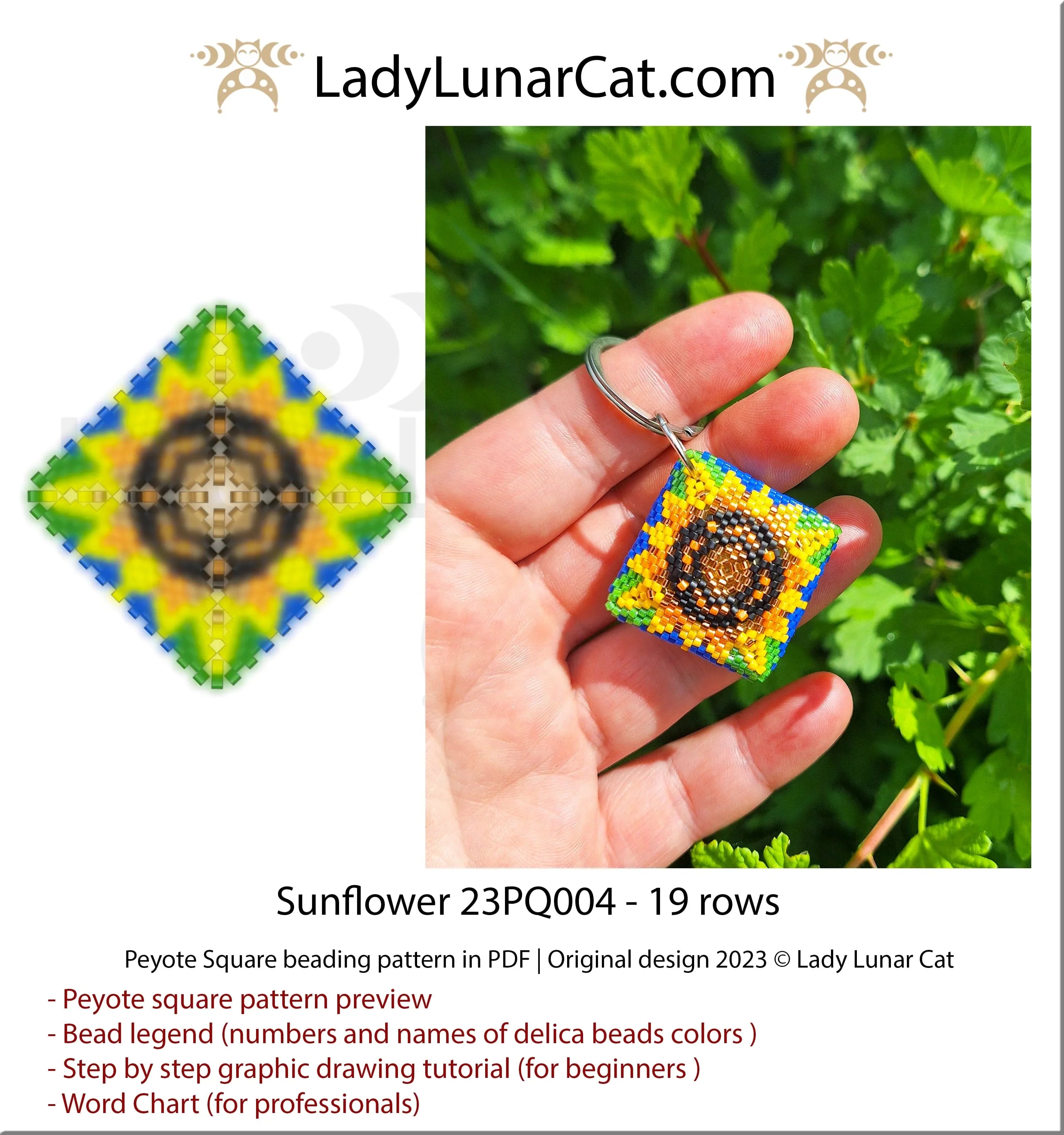 Sunflower peyote square detail - graphic step by step tutorial included PDF LadyLunarCat