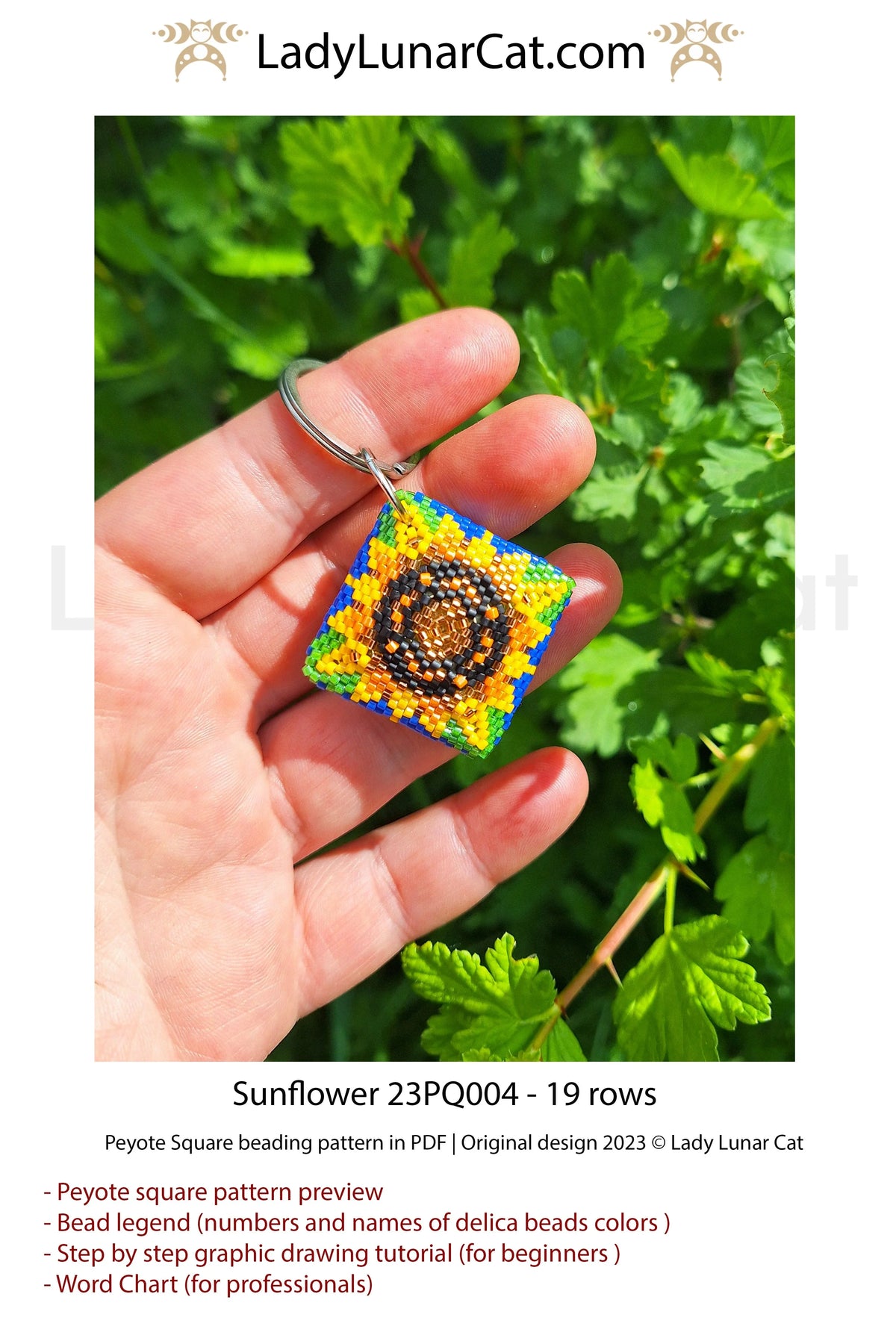 Sunflower peyote square pattern - 1 day beginner beading PDF 6 colors Miyuki Delica LadyLunarCat